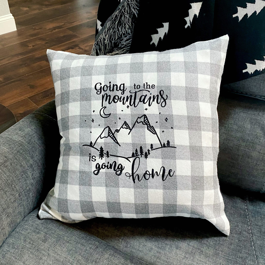 Going to the Mountains is Going Home John Muir Quote Embroidered Gray and White Buffalo Plaid Flannel Envelope Pillowcase