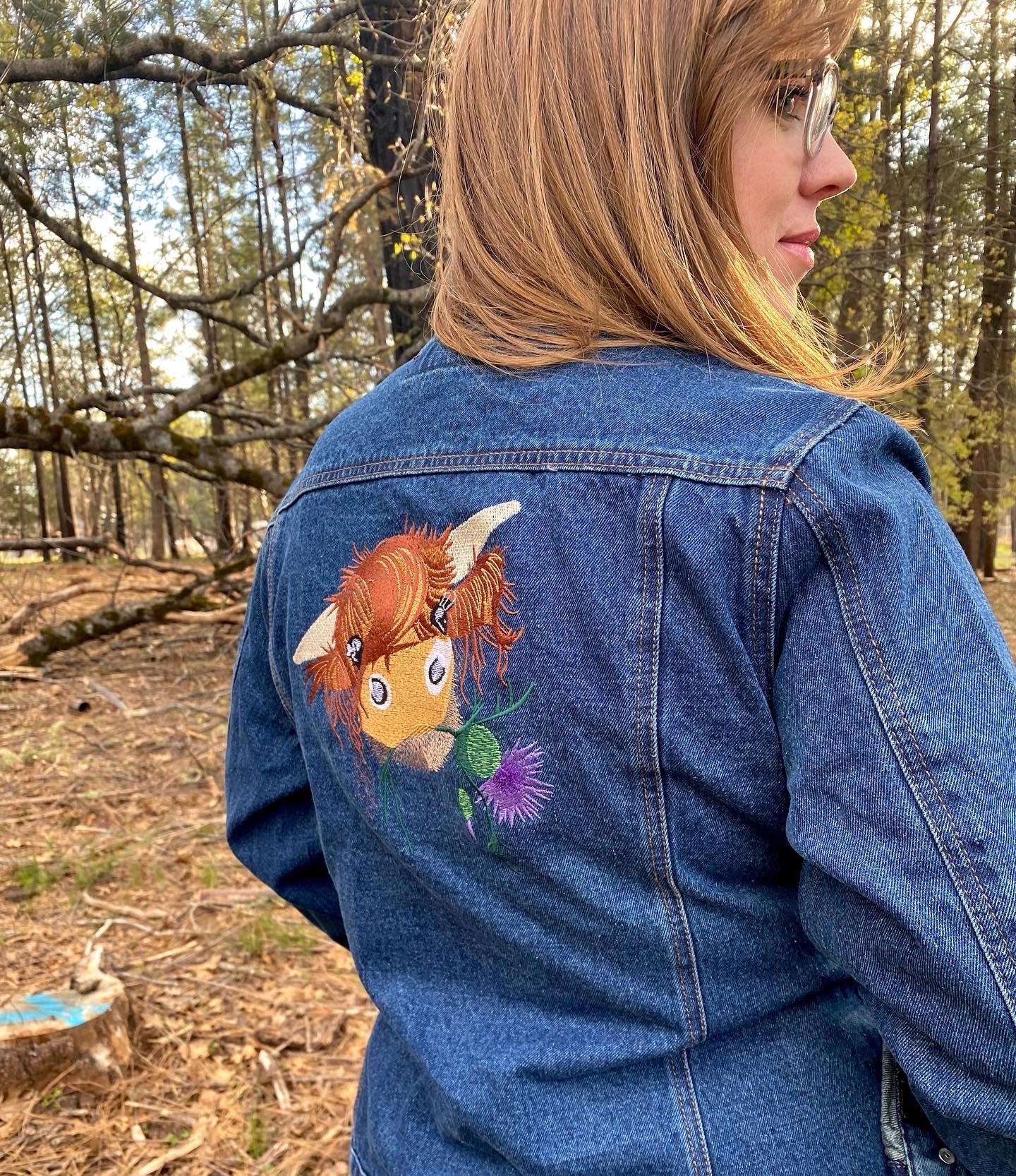 Highland Cow Embroidered Denim Jean Jacket Heilan Coo