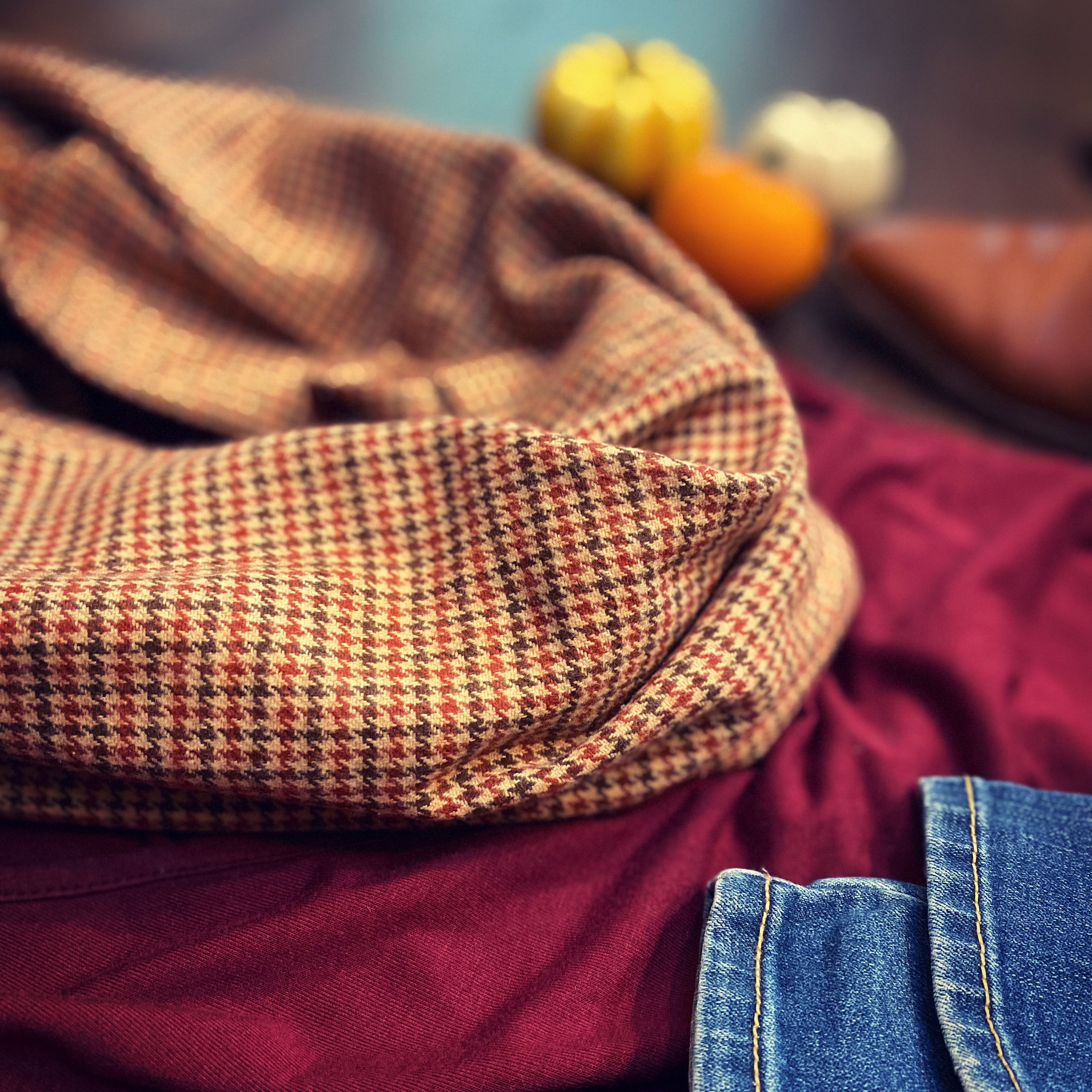 Houndstooth in Chestnut and Dark Browns, and Tan Plaid Flannel Infinity or Blanket Scarf