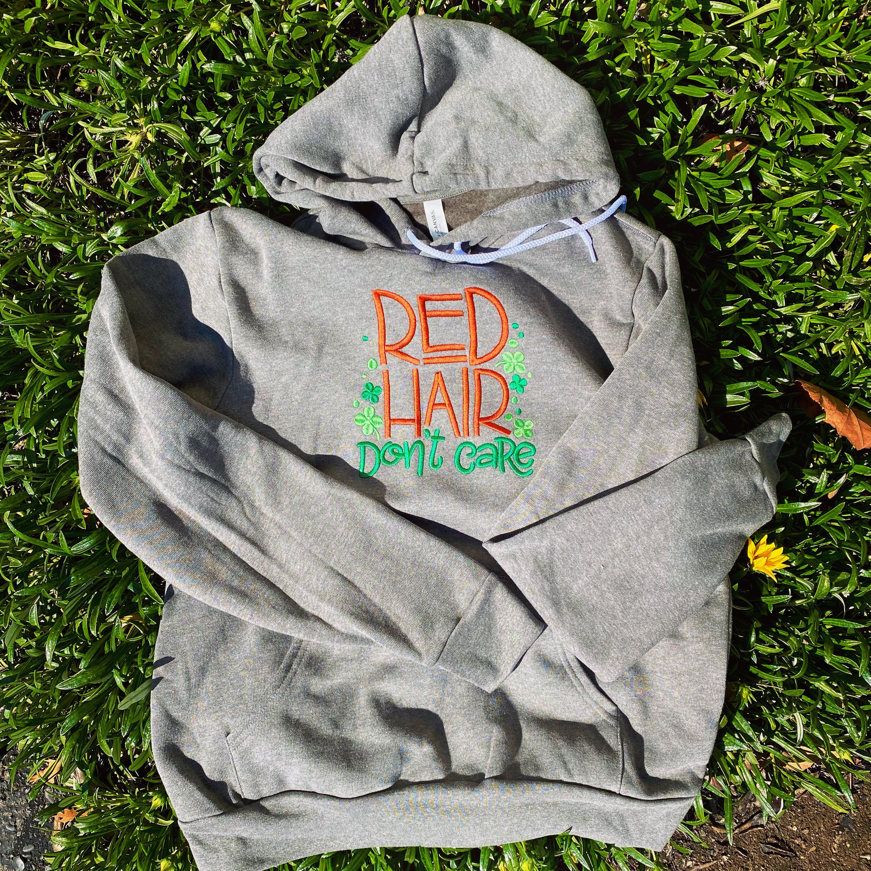 Red Hair Don't Care Irish Shamrock Embroidered Soft Fleece Unisex Sweatshirt Hoodie