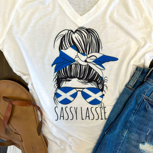Sassy Lassie Messy Bun and Aviators Women's V-Neck Shirt