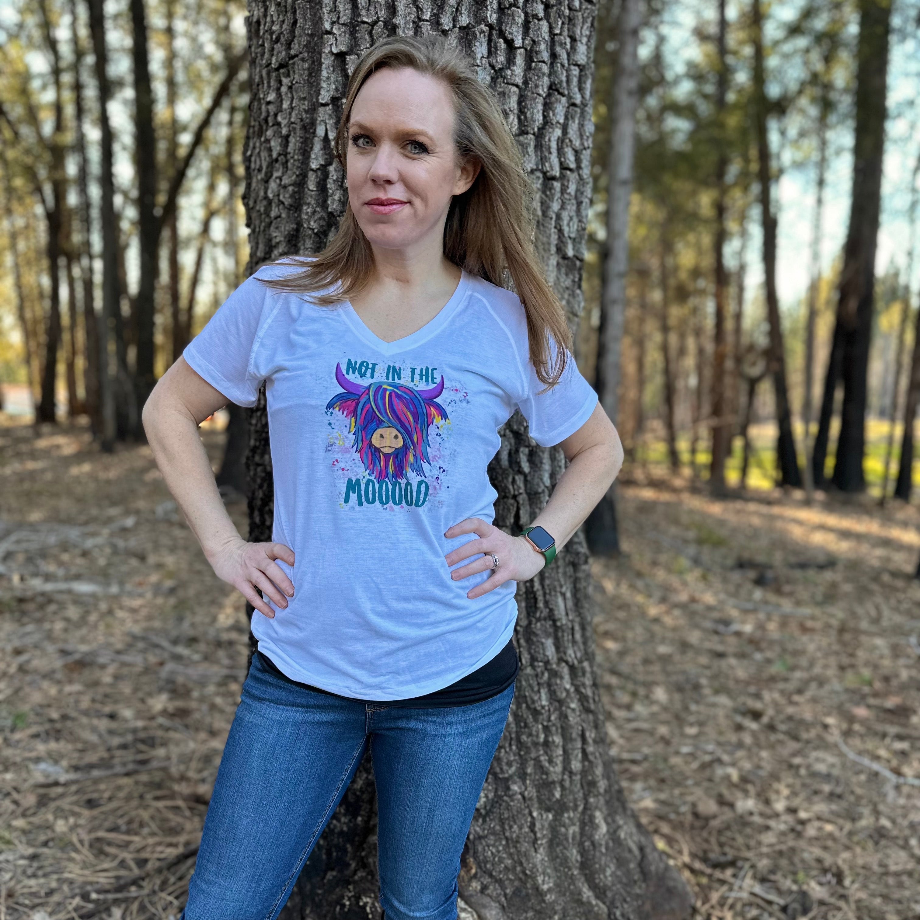 Not in the Mooood Highland Coo in Colorful Rainbow Women's V-Neck Shirt