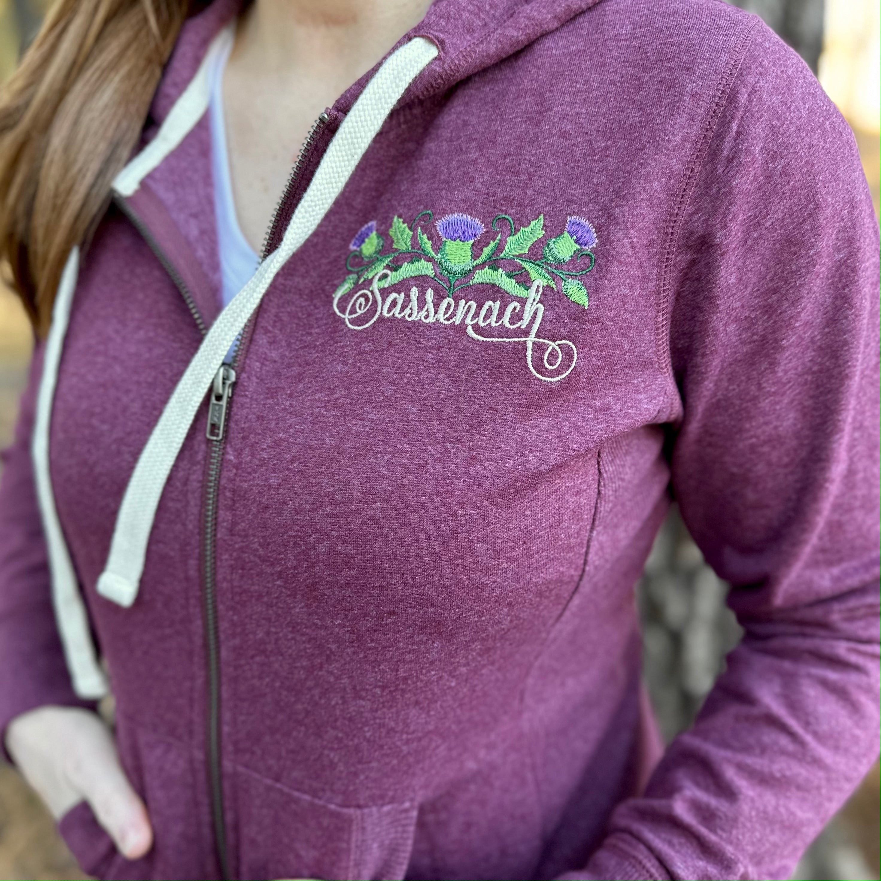 Sassenach Scottish Thistle Embroidered Zipper Sweatshirt Hoodie - Outlander Inspiration