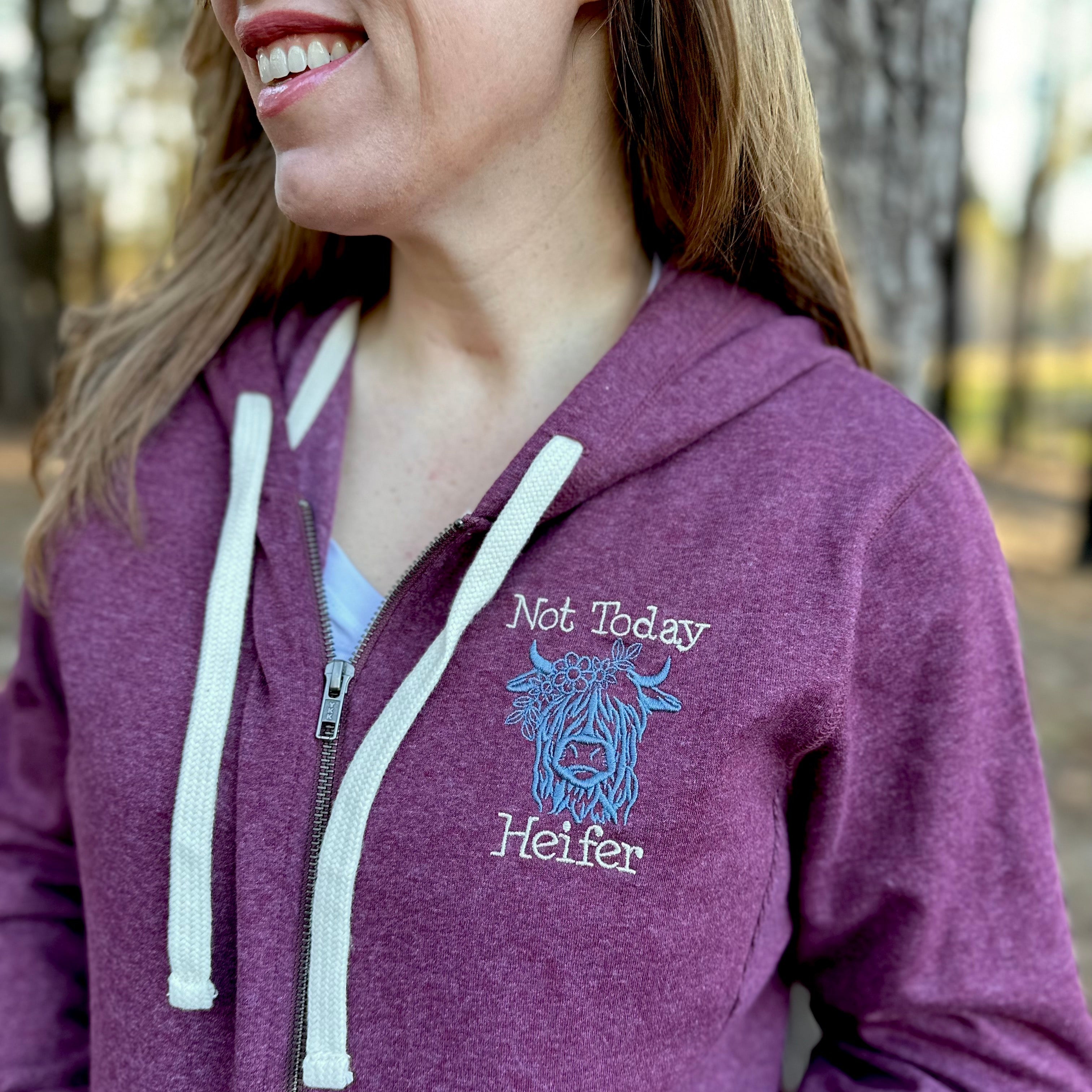 Not Today Heifer Highland Coo Embroidered Zipper Sweatshirt Hoodie