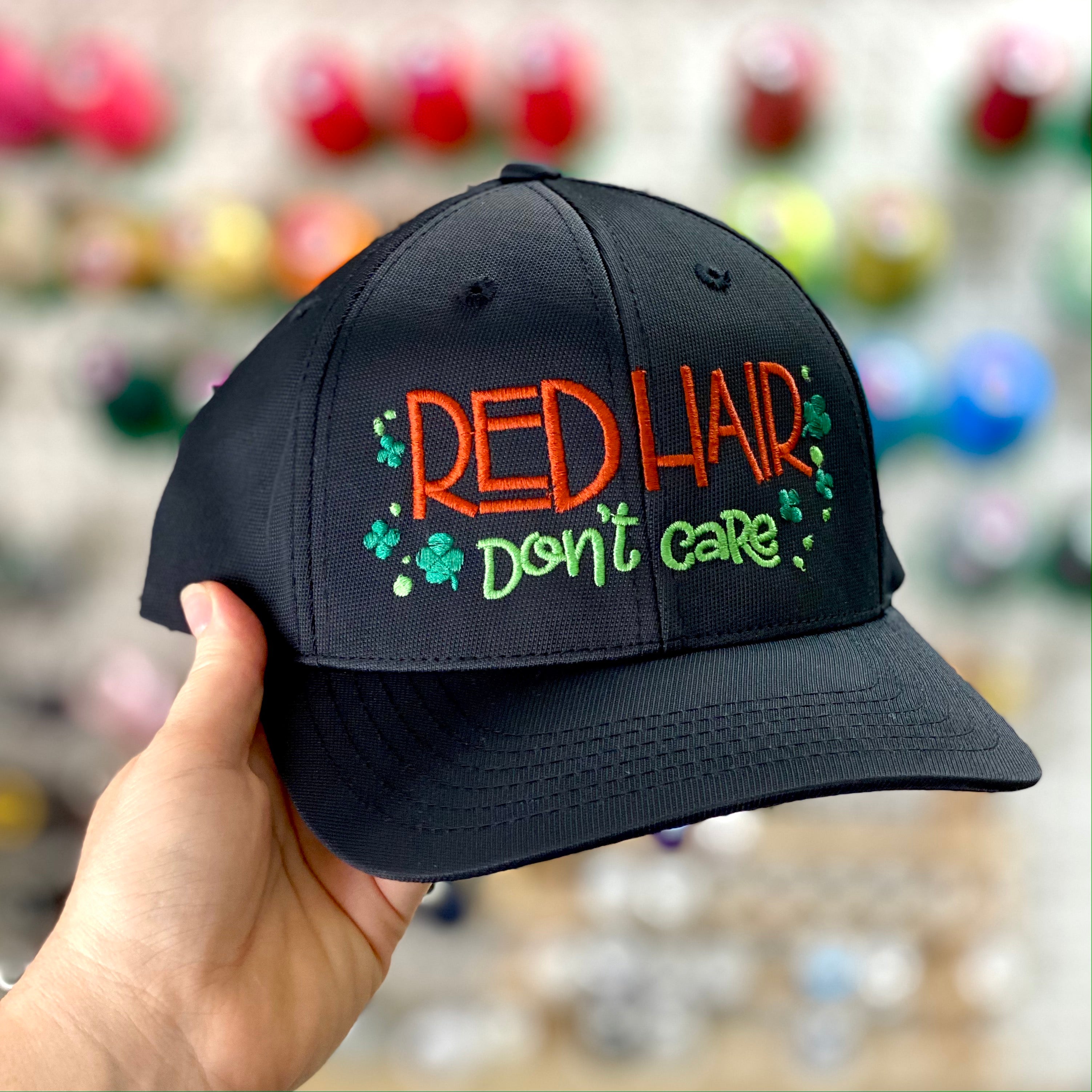 "Red Hair Don't Care" Irish Shamrock Embroidered Hat