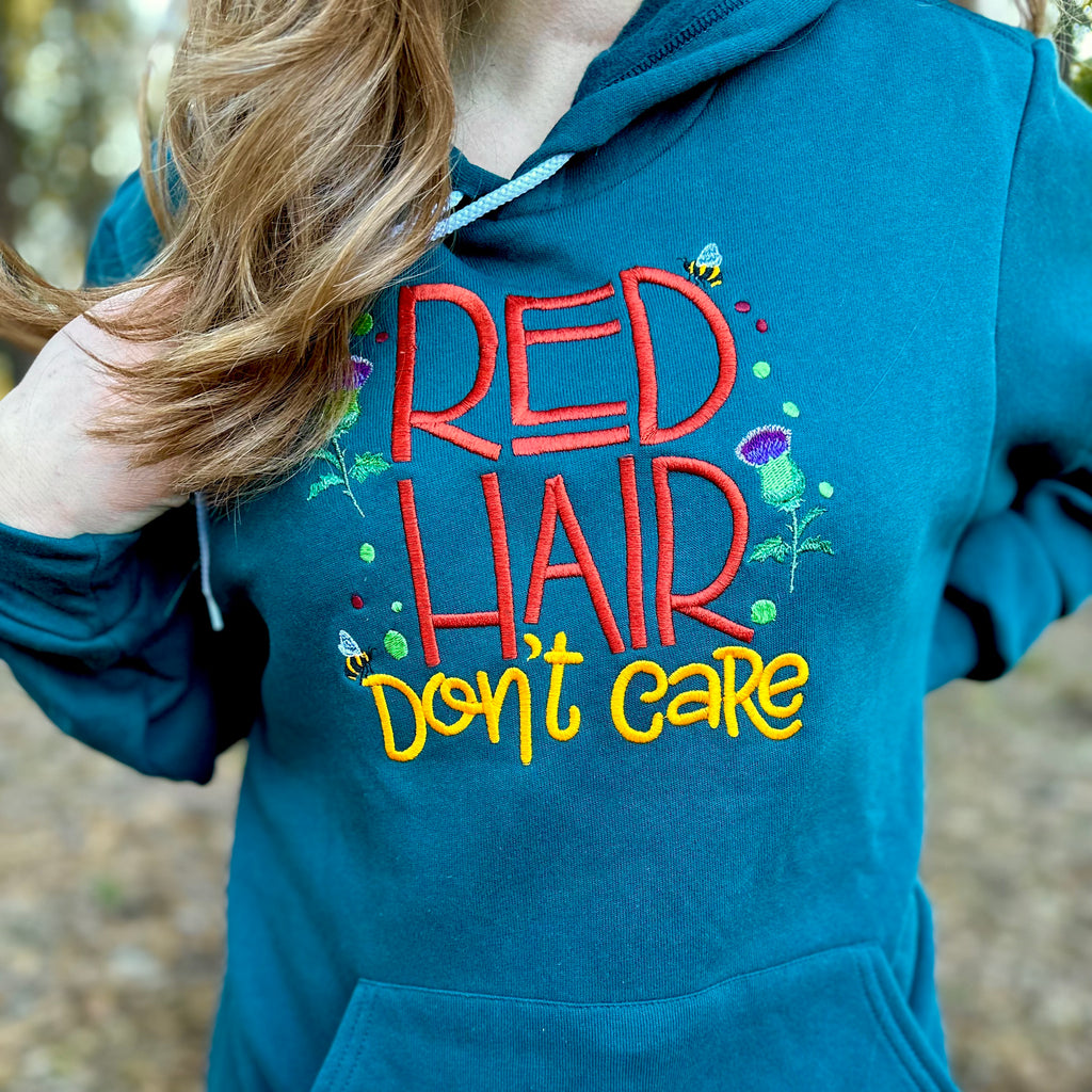 Red Hair Don't Care Scottish Thistle Embroidered Soft Fleece Unisex Sweatshirt Hoodie