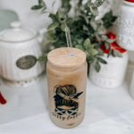 Sassy Lassie Scottish Messy Bun 16oz Frosted Beer Can Glass with Bamboo Lid and Straw