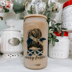 Sassy Lassie Scottish Messy Bun 16oz Frosted Beer Can Glass with Bamboo Lid and Straw