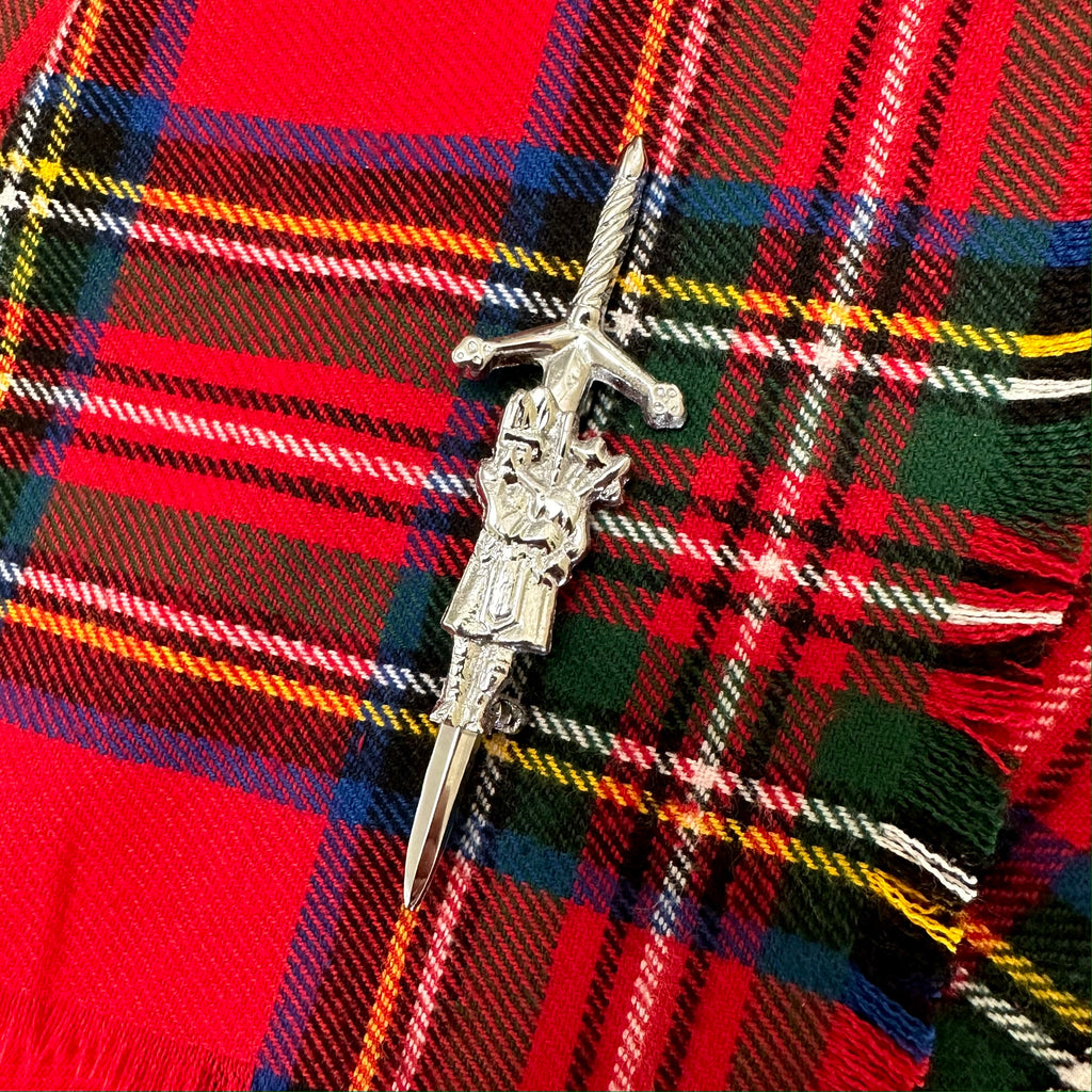 Bagpiper and Claymore Chrome Plated Metal Fly Plaid Brooch Kilt Pin