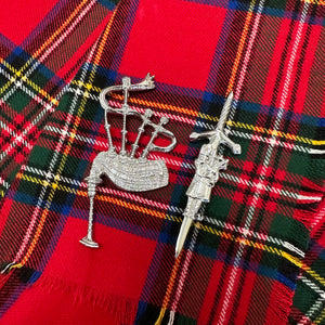 Bagpipes Chrome Plated Metal Fly Plaid Brooch Kilt Pin