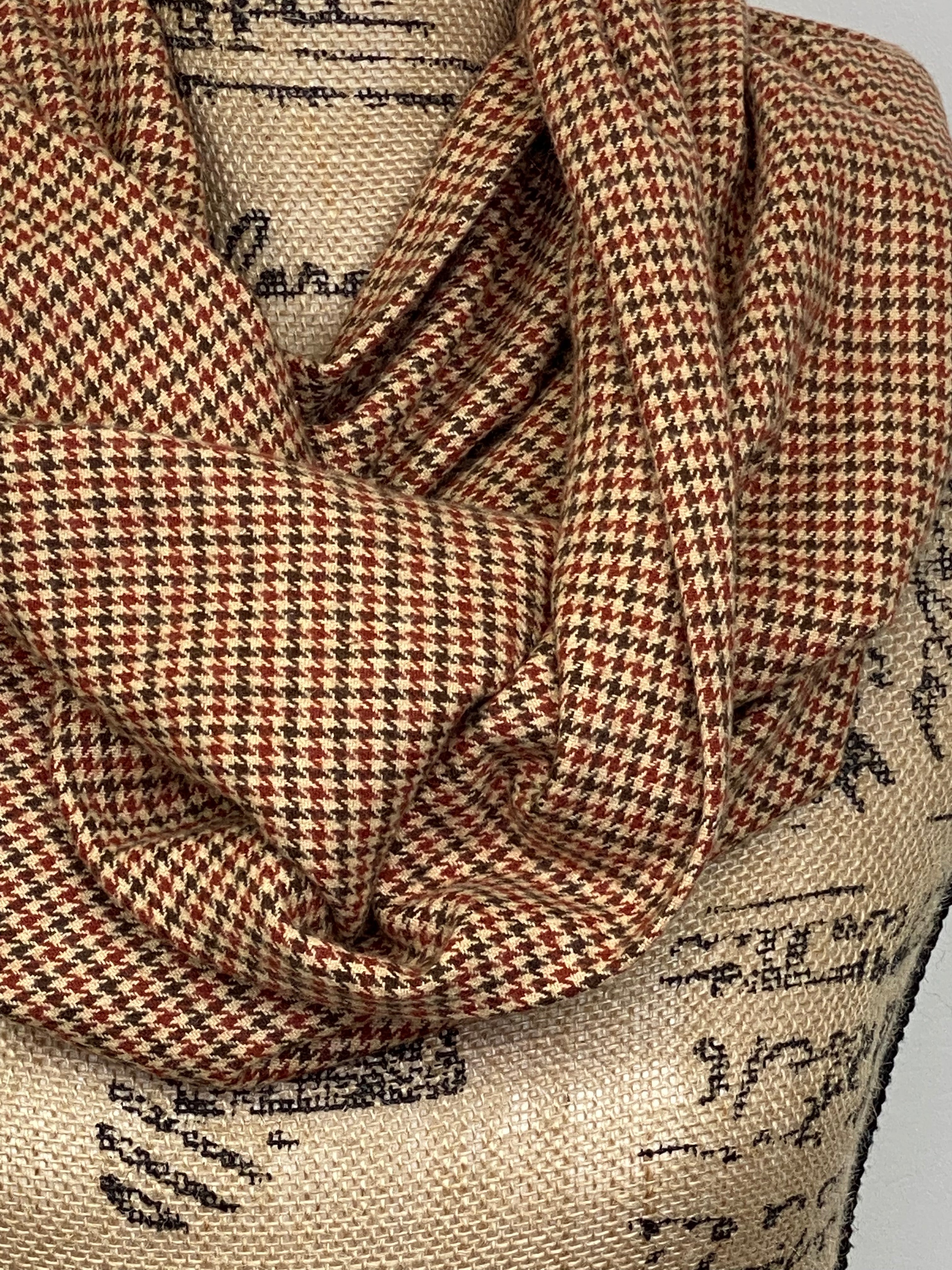 Houndstooth in Chestnut and Dark Browns, and Tan Plaid Flannel Infinity or Blanket Scarf