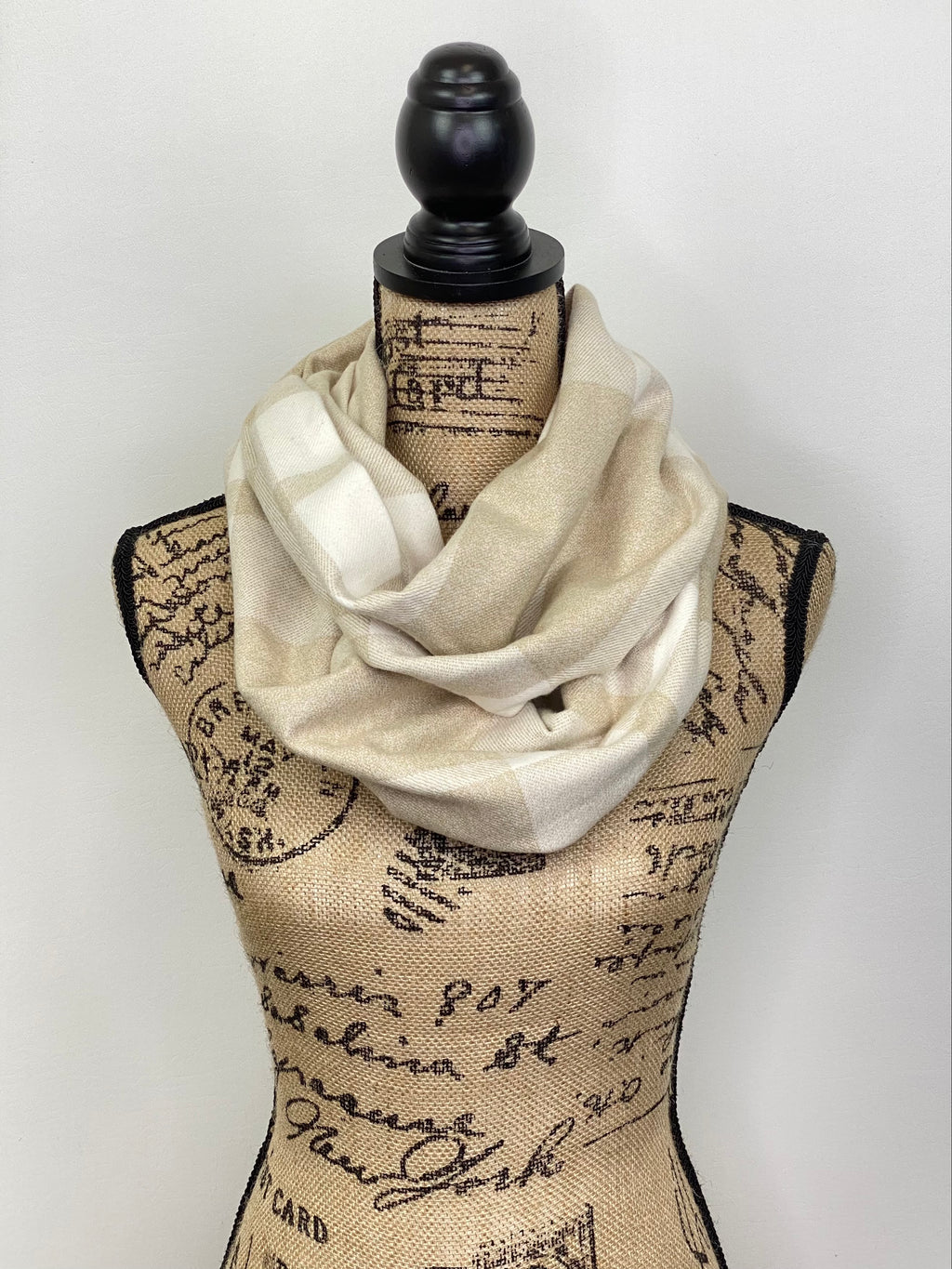 Neutrals in Cream and Beige Large Pattern Plaid Flannel Infinity or Blanket Scarf