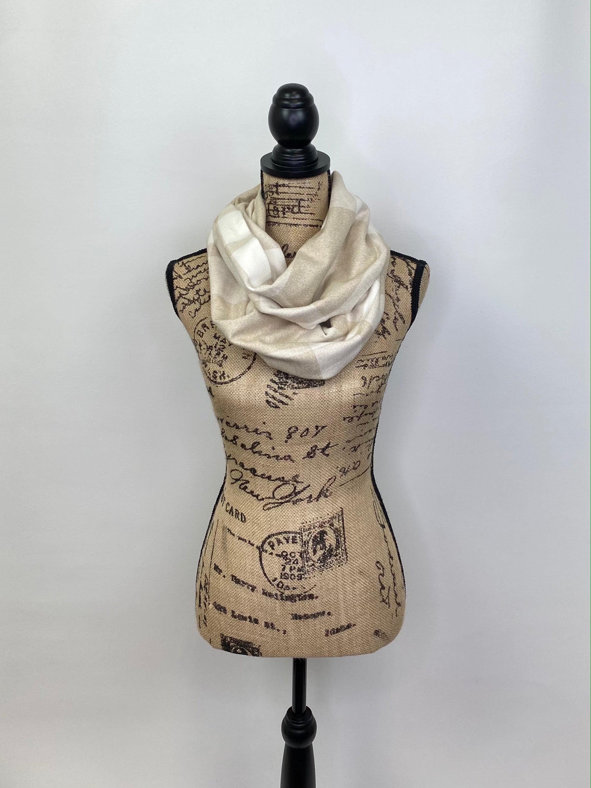 Neutrals in Cream and Beige Large Pattern Plaid Flannel Infinity or Blanket Scarf