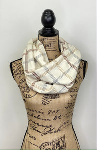 Neutrals in Cream with Tan, Brown, and Gray Plaid Flannel Infinity or Blanket Scarf