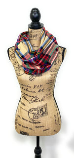 Colorful Madras Plaid in Tan, Black, Blue, Yellow, Green, and Red Lightweight Flannel Infinity or Blanket Scarf