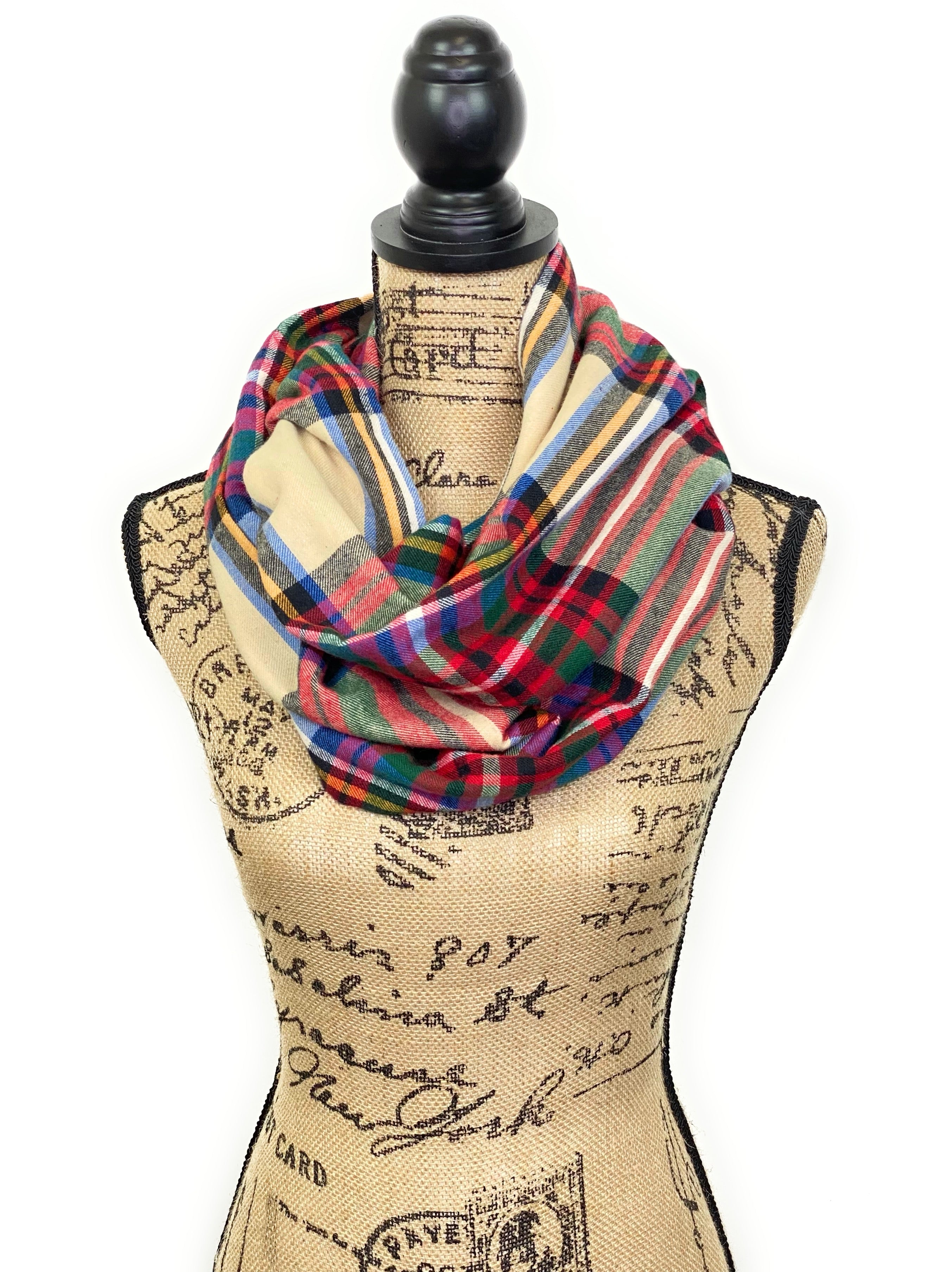 Colorful Madras Plaid in Tan, Black, Blue, Yellow, Green, and Red Lightweight Flannel Infinity or Blanket Scarf