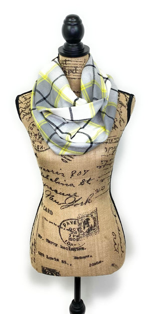 White, Gray, Black, and Yellow Plaid Flannel Infinity or Blanket Scarf