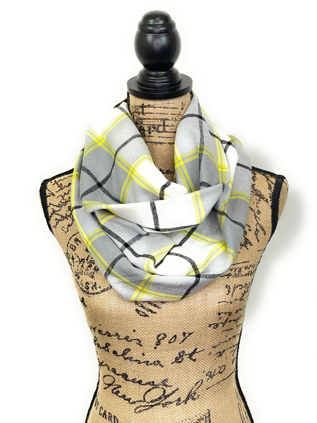 White, Gray, Black, and Yellow Plaid Flannel Infinity or Blanket Scarf