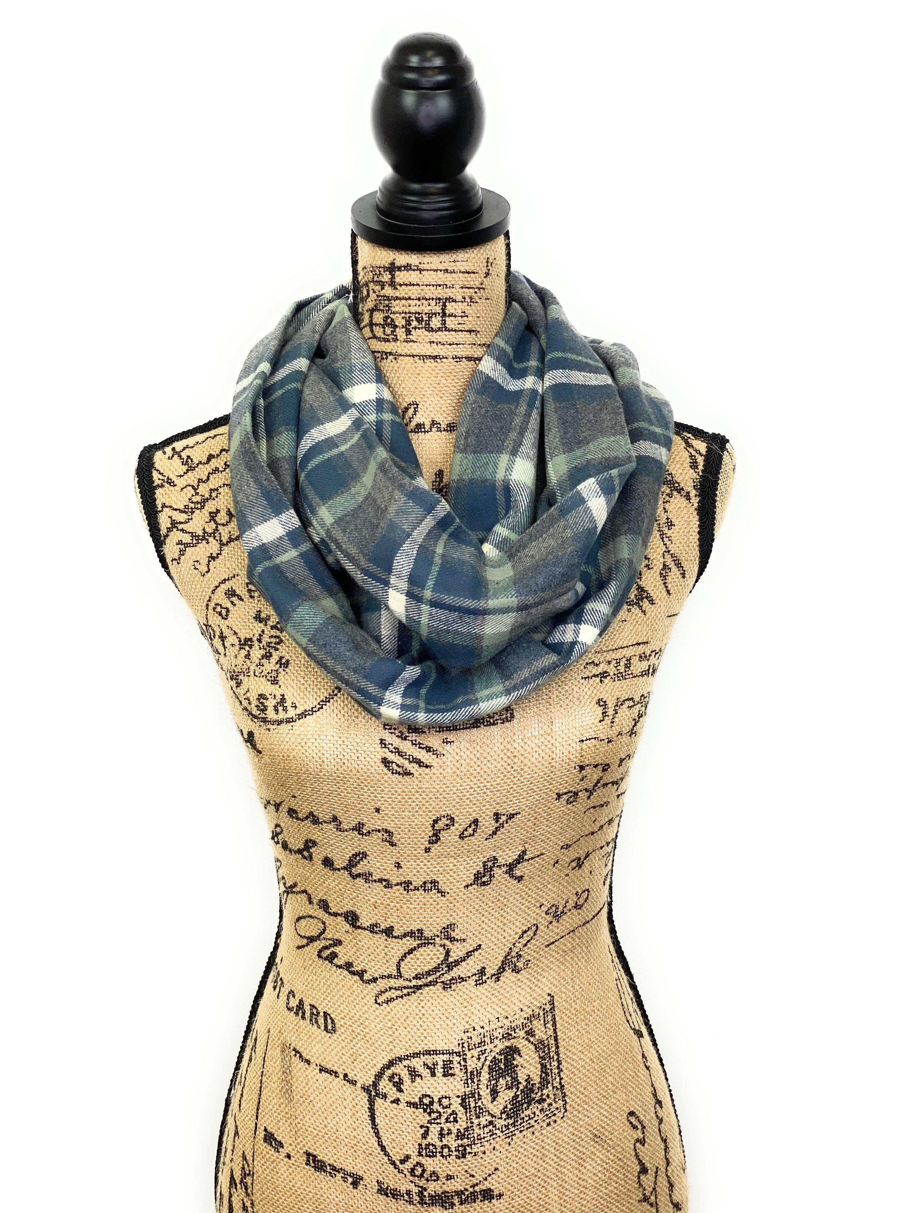 Sage, Dusty Blue, Heather Gray, and Cream Flannel Plaid Infinity or Blanket Scarf