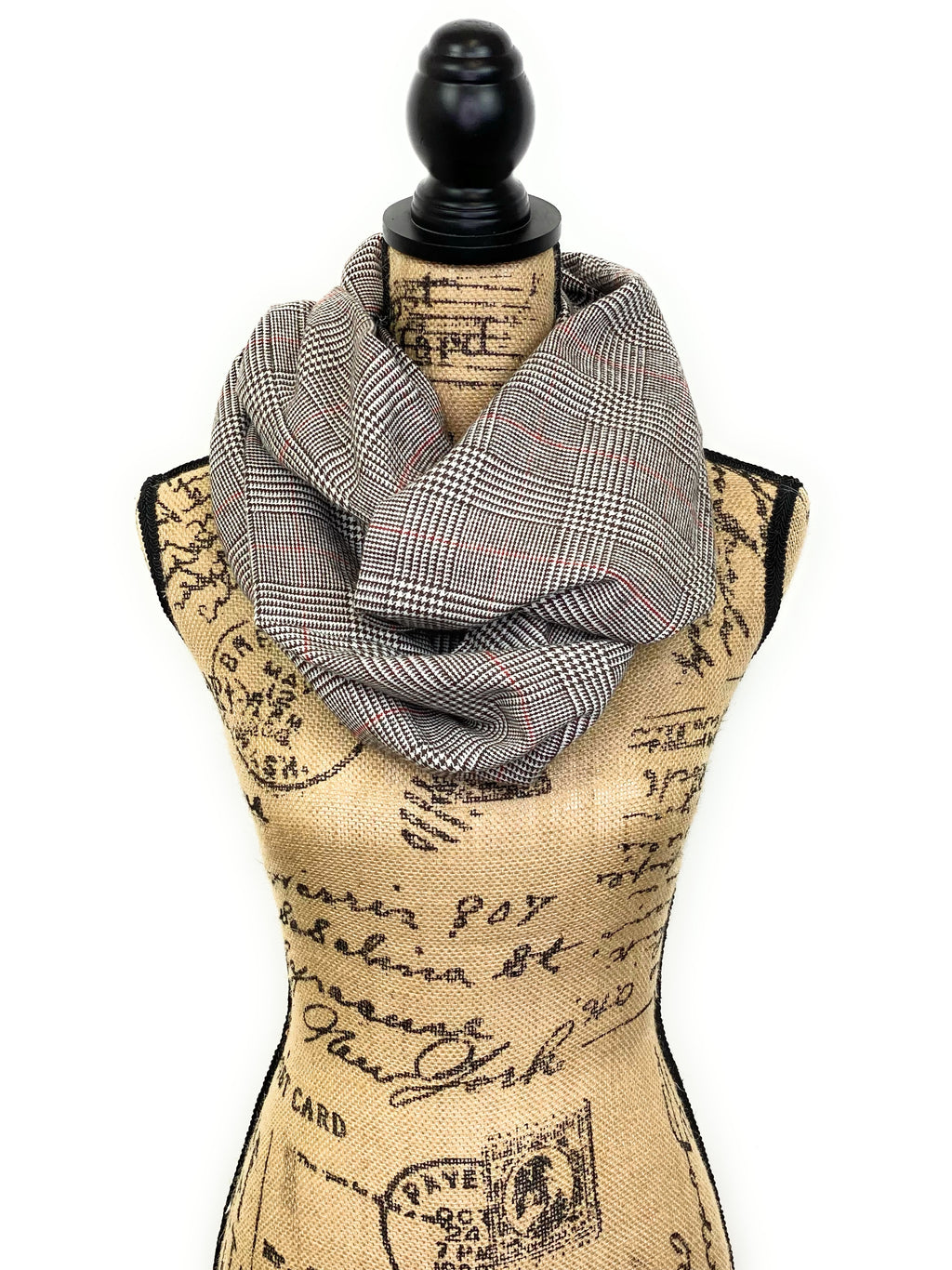 Dark Brown and Cream with Burnt Orange Glen Check Plaid Flannel Infinity or Blanket Scarf