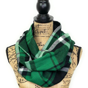 Dark Irish Green, Black, and White Herringbone Weave Plaid Flannel Infinity or Blanket Scarf
