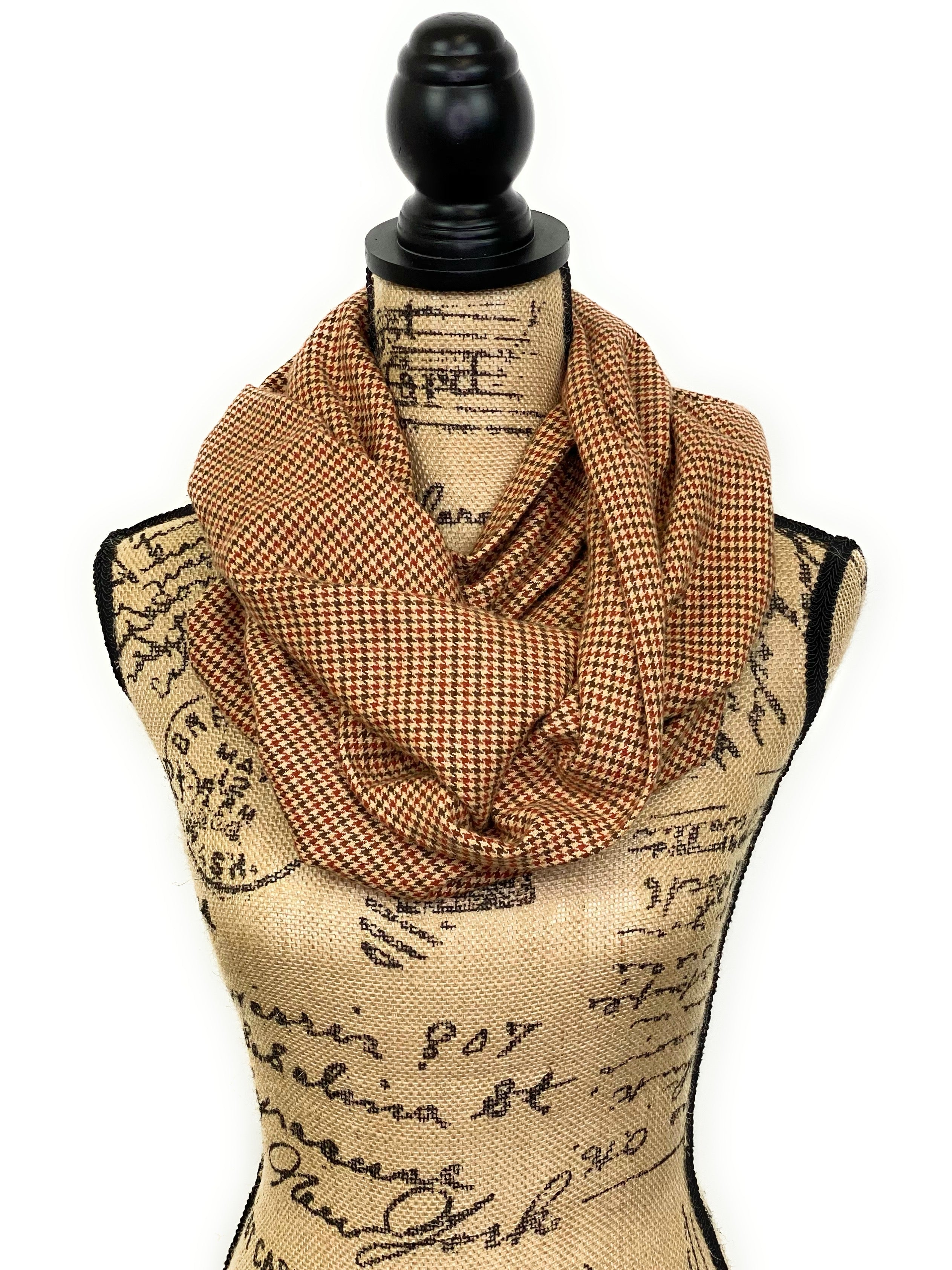 Houndstooth in Chestnut and Dark Browns, and Tan Plaid Flannel Infinity or Blanket Scarf