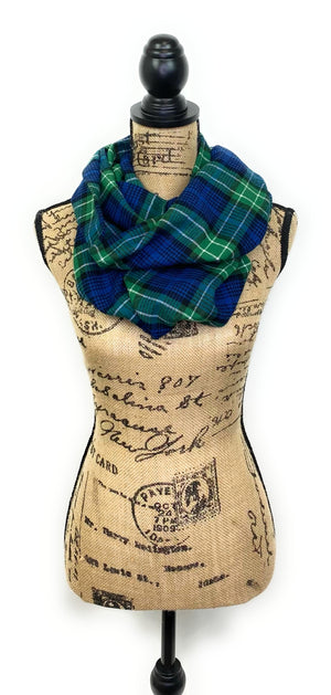 Classic Green, Blue, and White Plaid Flannel Infinity or Blanket Scarf