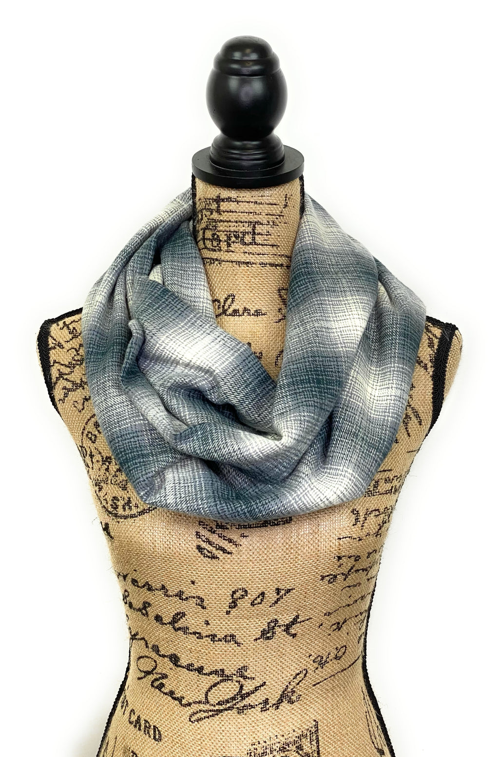 Dark French Blue, Gray, and Cream Ombre Plaid Flannel Infinity or Blanket Scarf