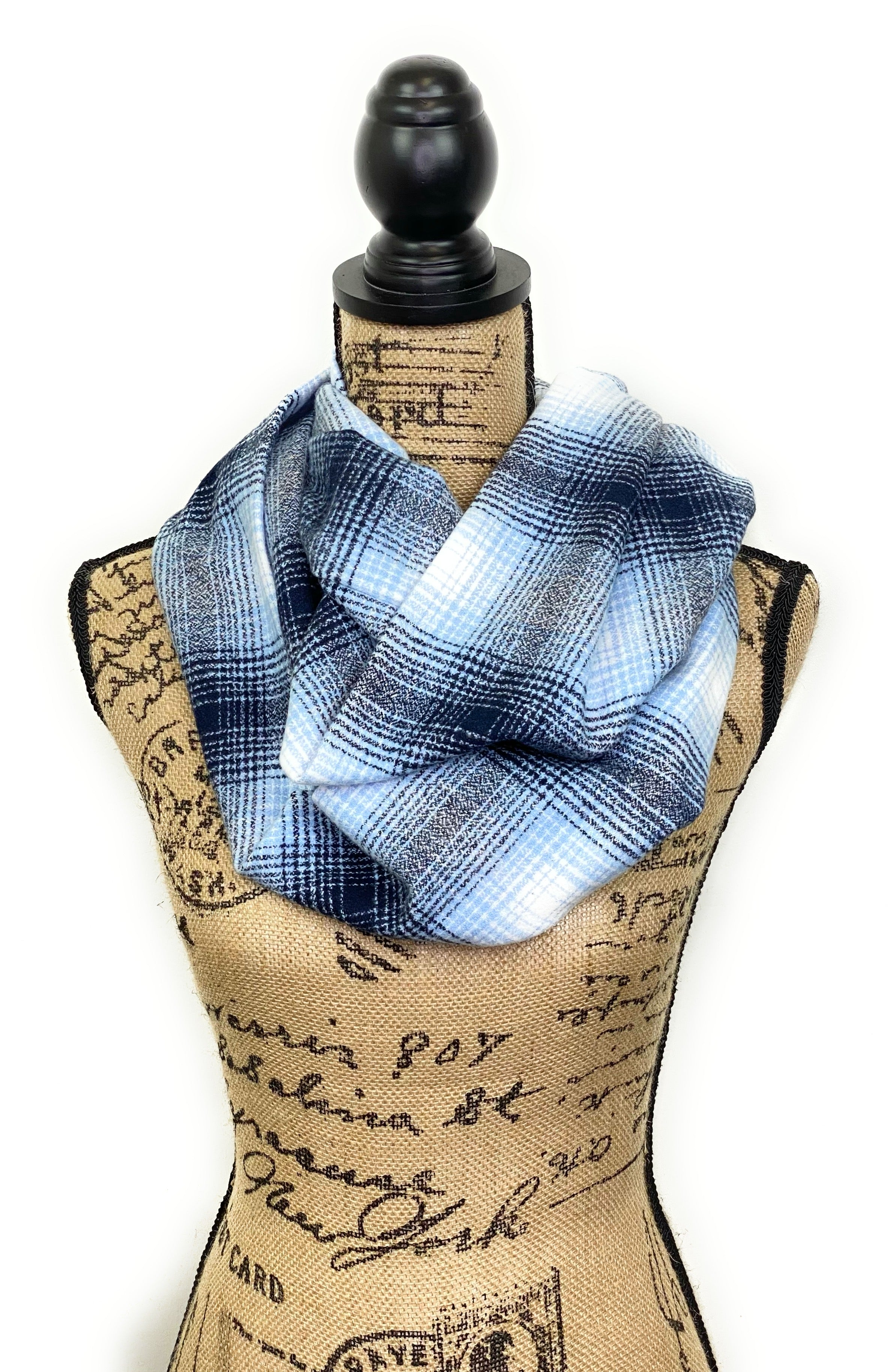 Navy Blue, Light Blue, and White Ombre Plaid Flannel Infinity or Blanket Scarf