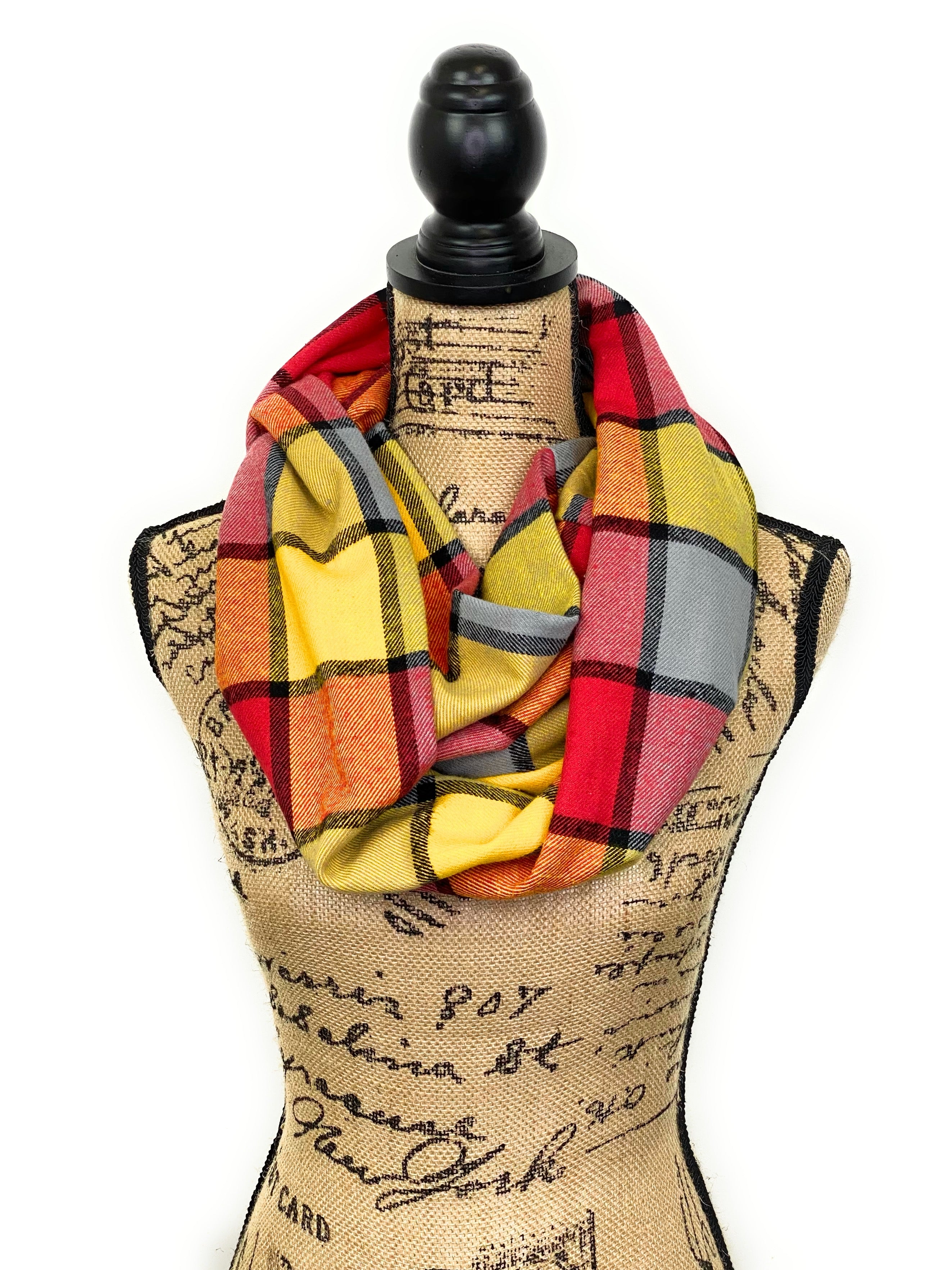 Colorful Red, Yellow, Orange, and Gray Block Plaid Flannel Infinity or Blanket Scarf