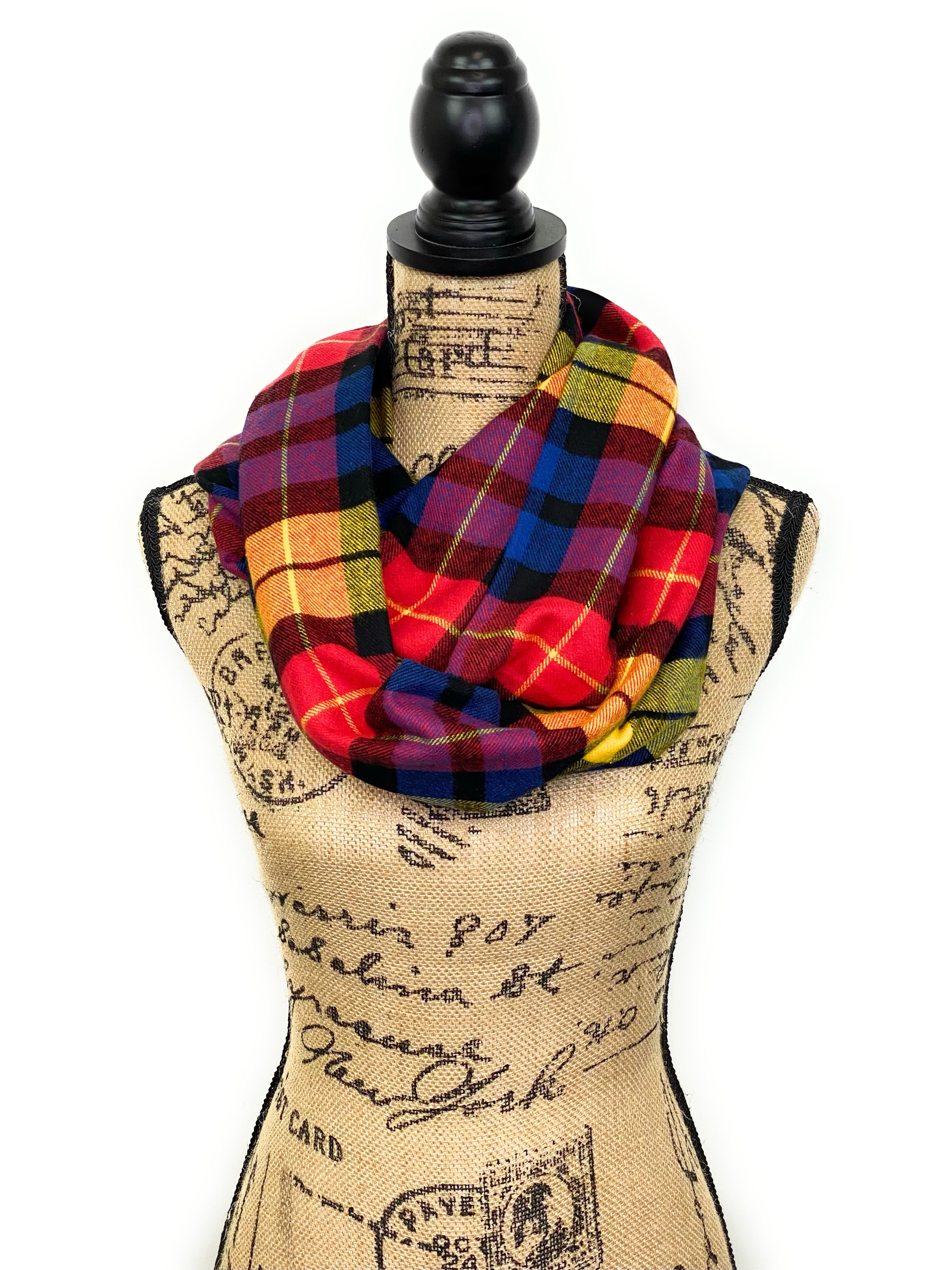 Colorful Yellow, Red, Blue, and Black Flannel Plaid Infinity or Blanket Scarf