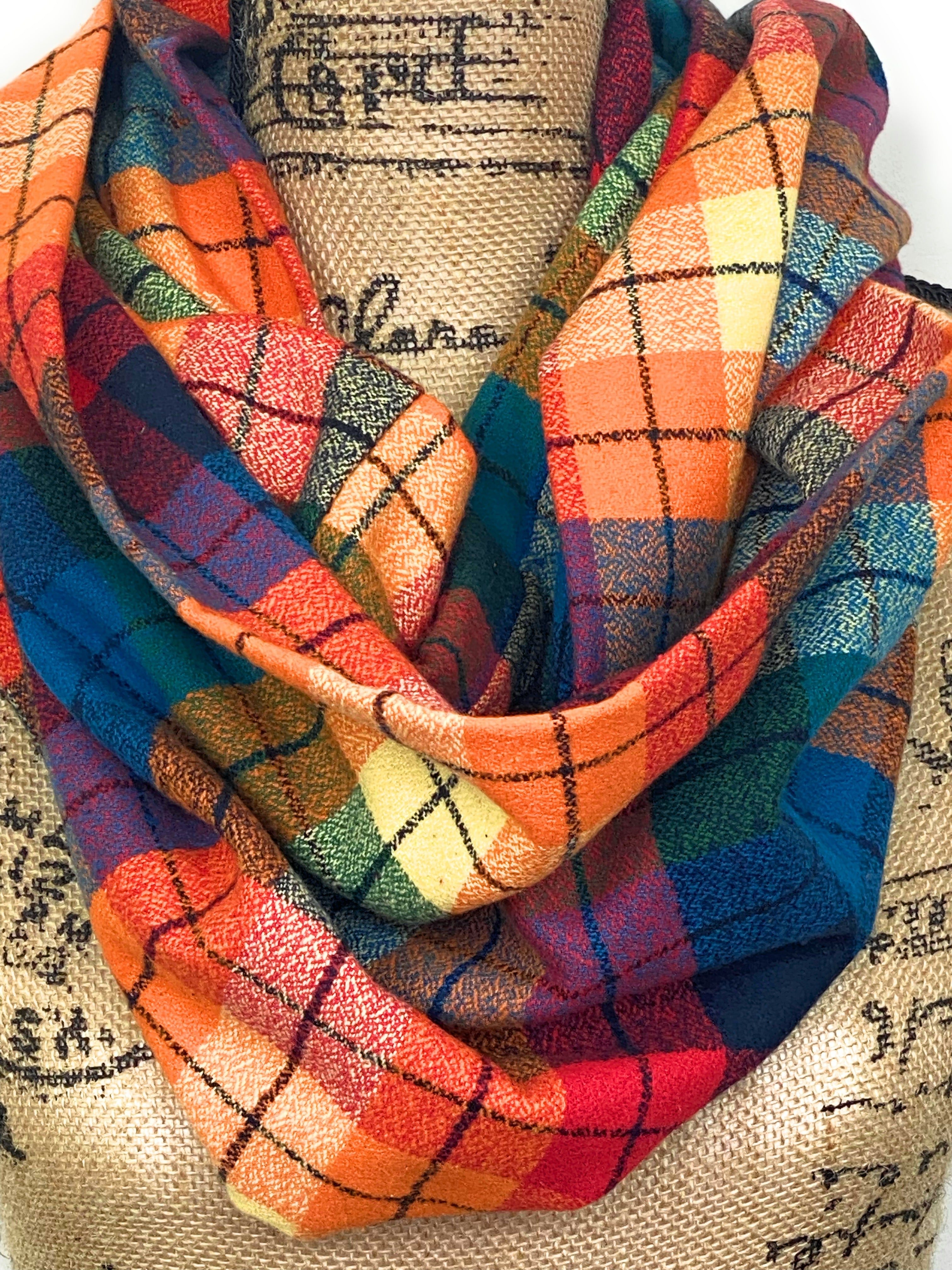 Rainbow of Color Heathered Plaid Flannel Infinity or Blanket Scarf