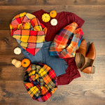 Colorful Red, Yellow, Orange, and Gray Block Plaid Flannel Infinity or Blanket Scarf