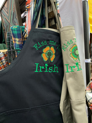 Kiss Me I'm Irish Embroidered Apron - Craftsman and Canvas Style Options