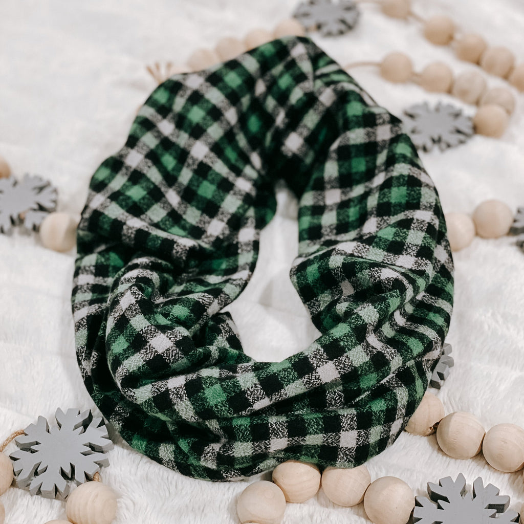 Forest Green, Gray, and Black Small Check Heathered Plaid Flannel Infinity or Blanket Scarf