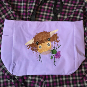 Highland Coo Cute Cow Scottish Thistle Embroidered Tote