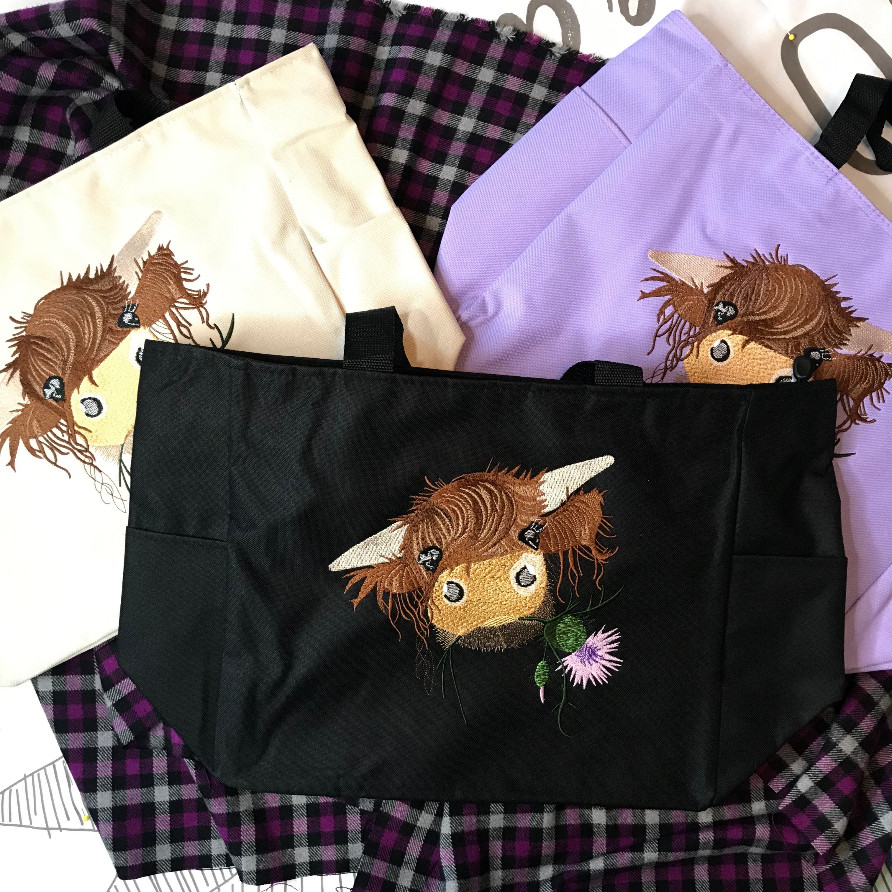 Highland Coo Cute Cow Scottish Thistle Embroidered Tote