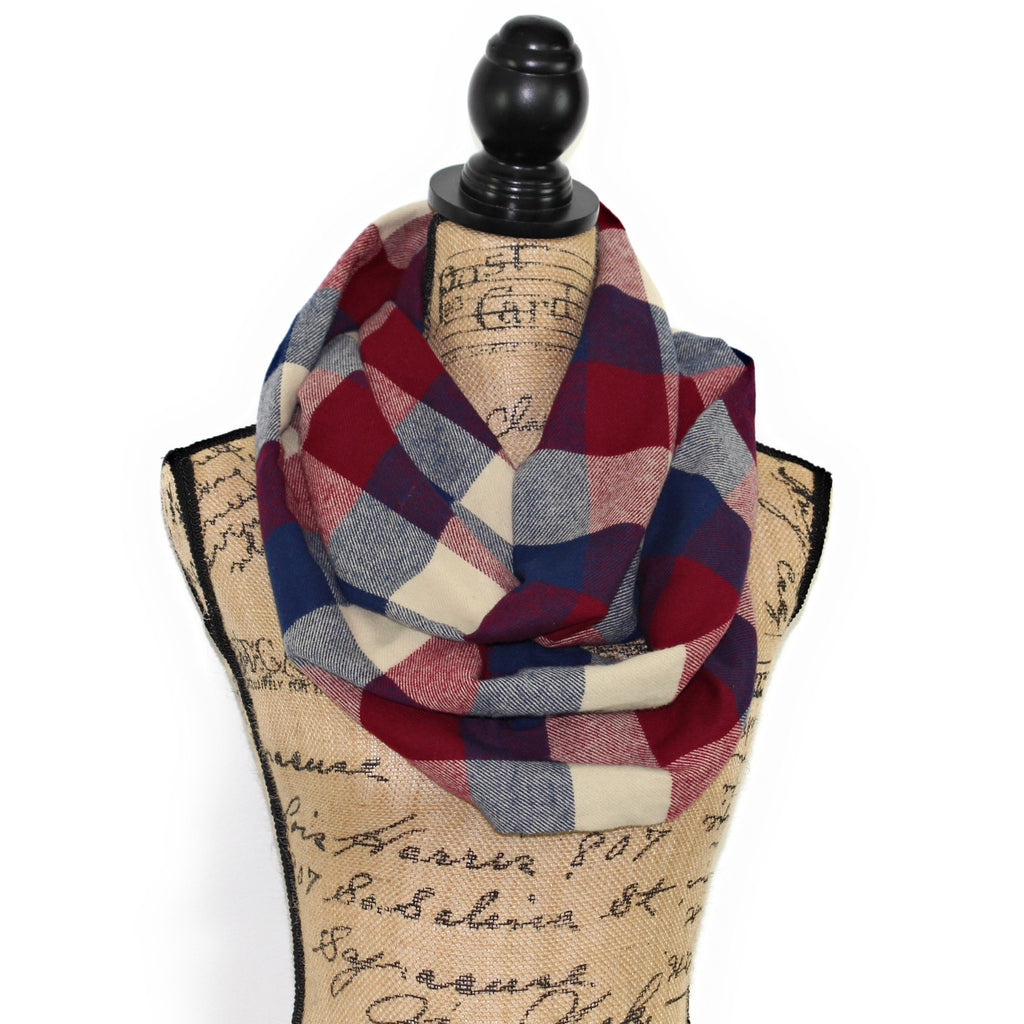 Wine Red, Navy Blue, and Taupe Flannel Plaid Infinity or Blanket Scarf Large Block