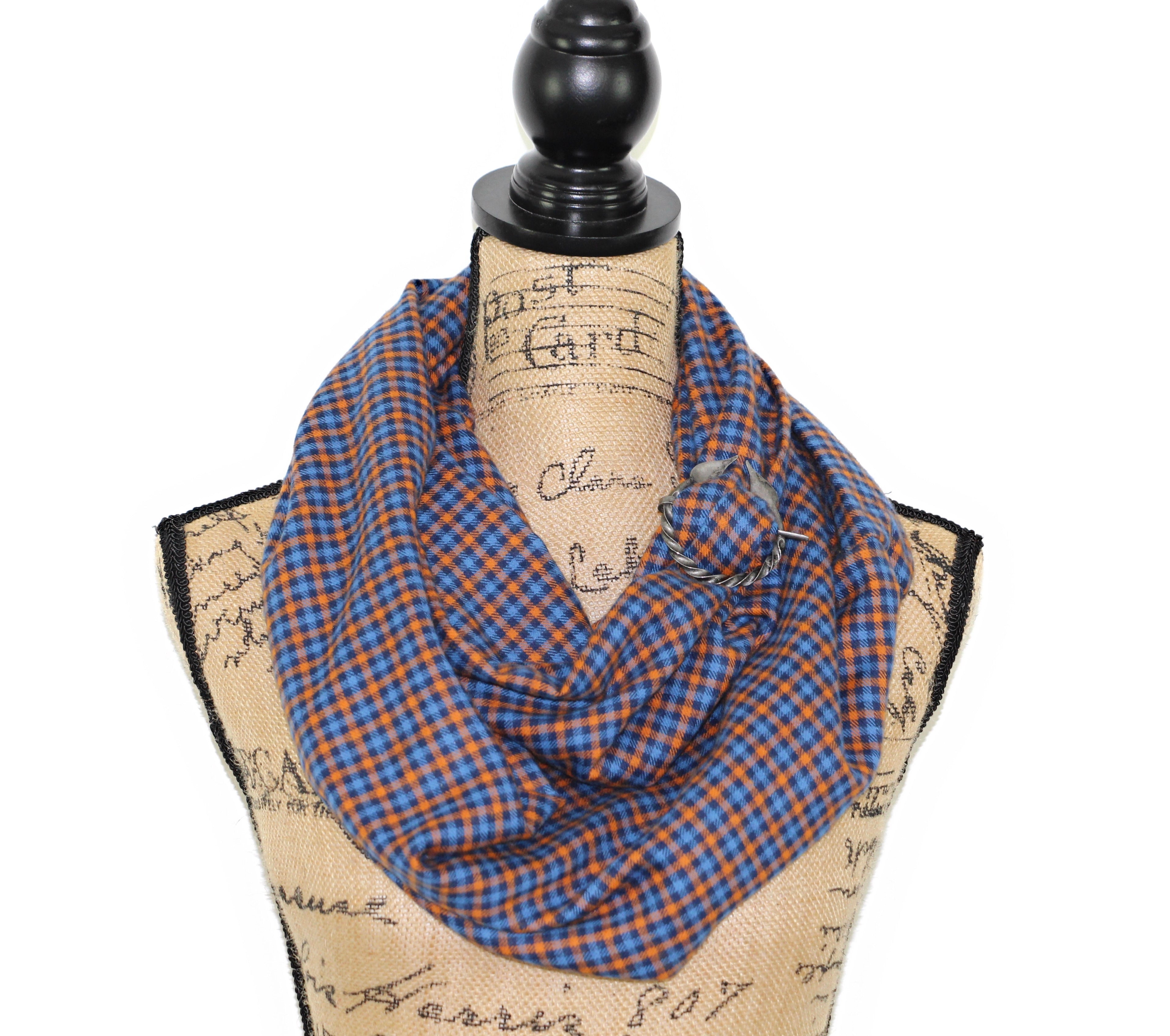 Blue and Orange Gingham Check Plaid Lightweight Flannel Infinity or Blanket Scarf