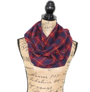 Wine Red, Navy Blue, and Sunflower/Mustard Yellow Lightweight Flannel Plaid Infinity or Blanket Scarf