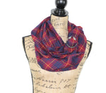 Wine Red, Navy Blue, and Sunflower/Mustard Yellow Lightweight Flannel Plaid Infinity or Blanket Scarf