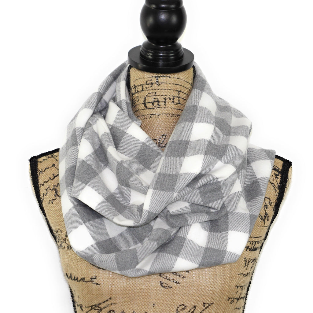 Gray and White Buffalo Plaid Flannel Plaid Infinity or Blanket Scarf