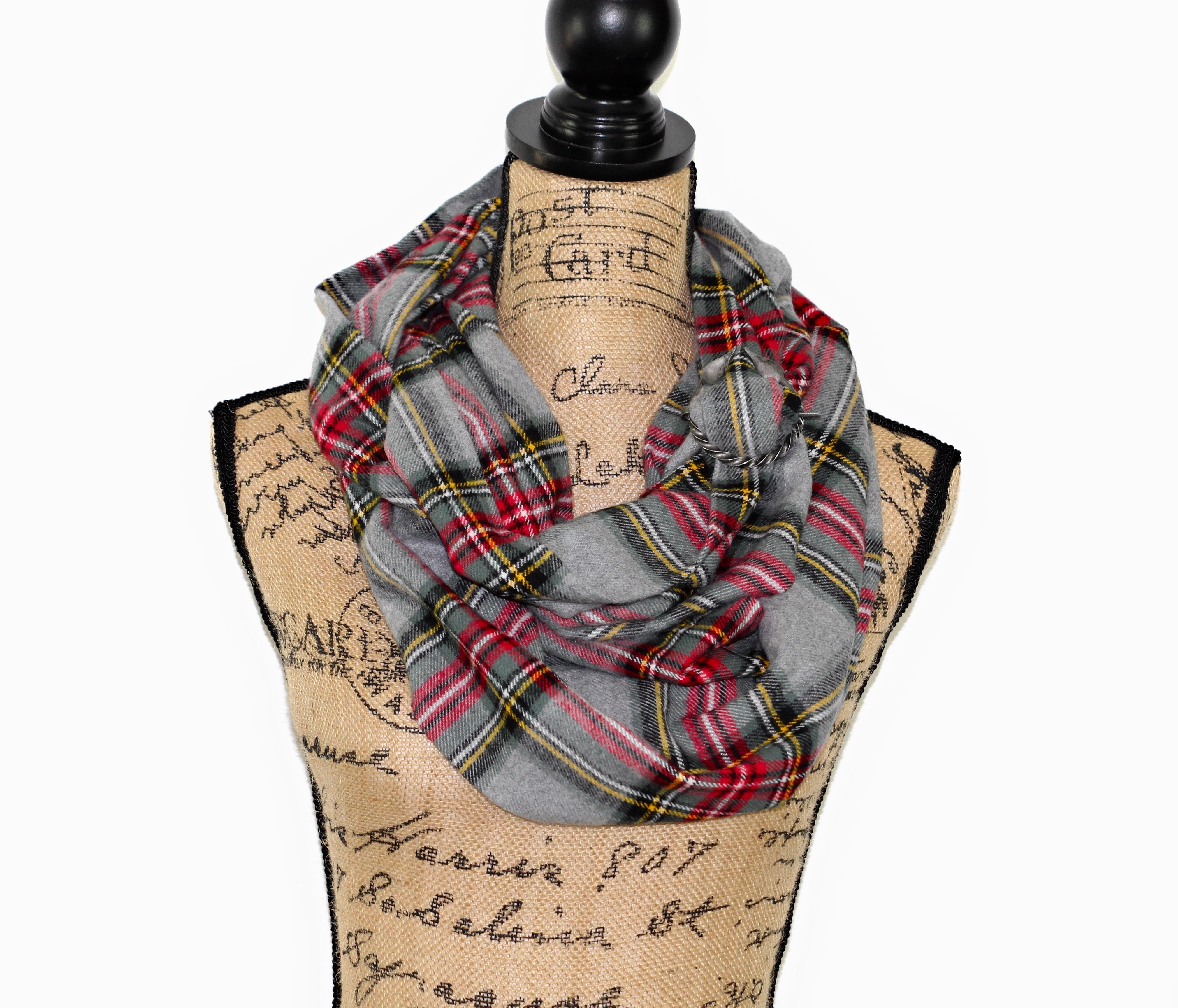 Stewart Tartan in Heather Gray with Sage Green and Red Flannel Plaid Infinity or Blanket Scarf