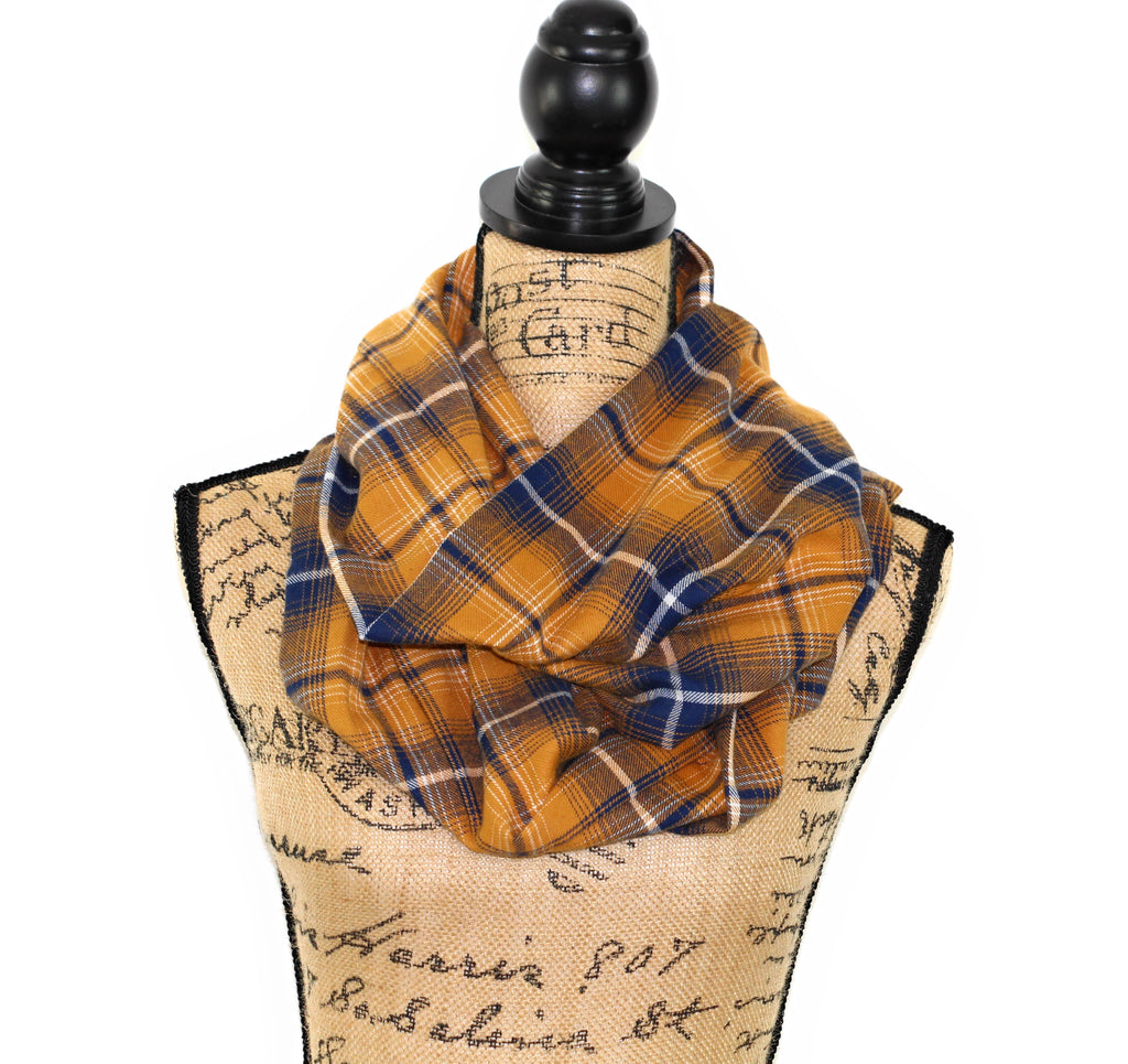 Mustard Yellow, Navy Blue, and White Ombre Plaid Lightweight Flannel Infinity or Blanket Scarf