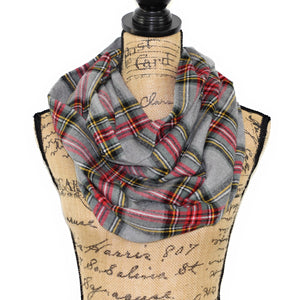 Stewart Tartan in Heather Gray with Sage Green and Red Flannel Plaid Infinity or Blanket Scarf