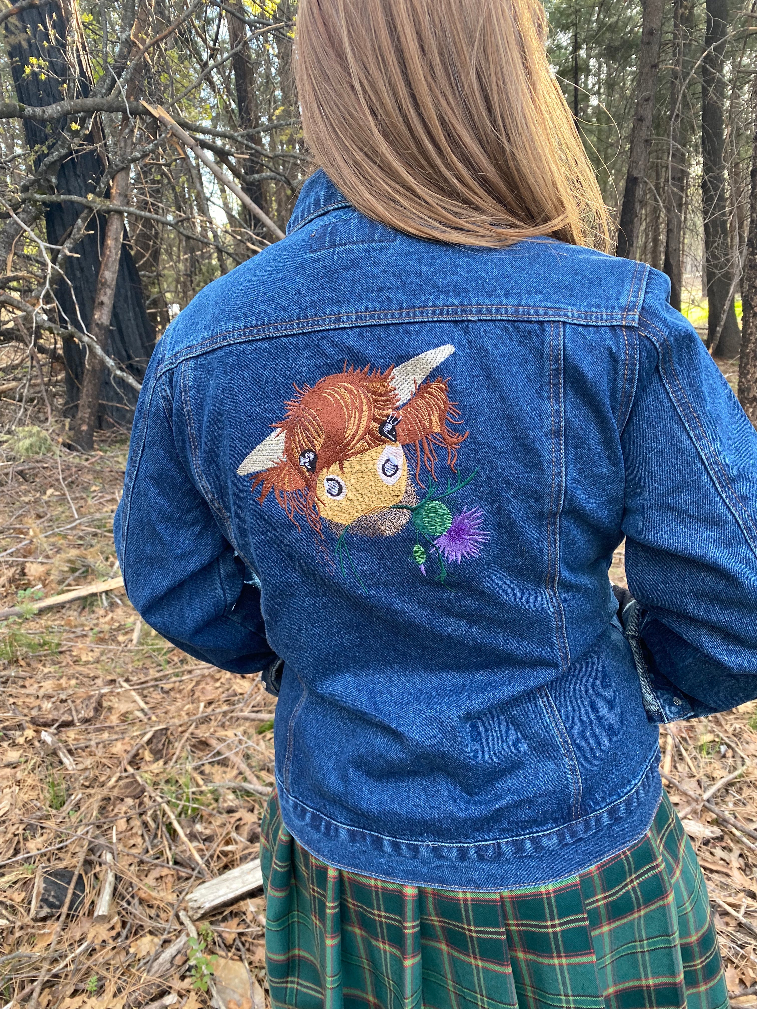 Highland Cow Embroidered Denim Jean Jacket Heilan Coo