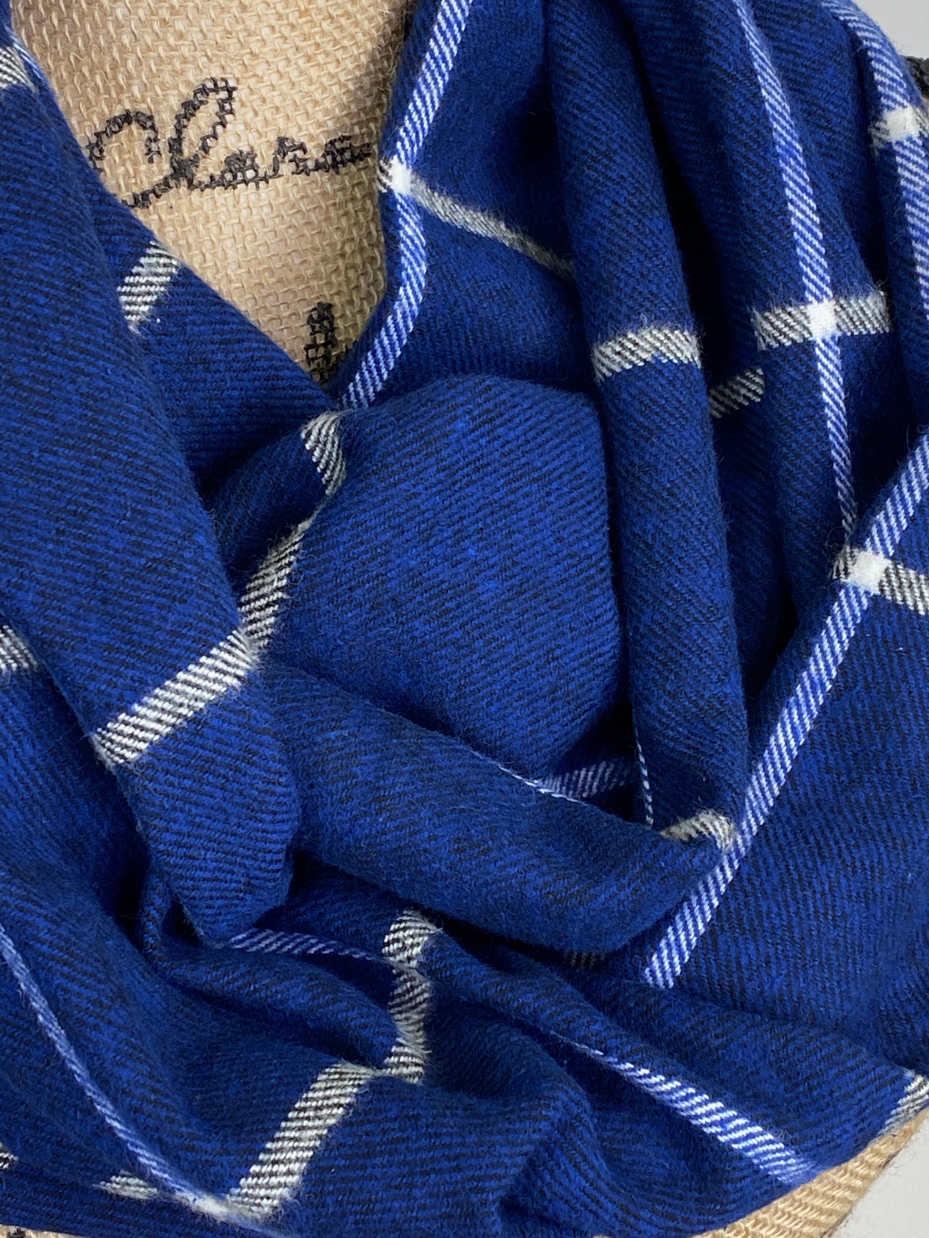 Blue with Black Weave and White Stripe Windowpane Plaid Medium Weight Flannel Scarf