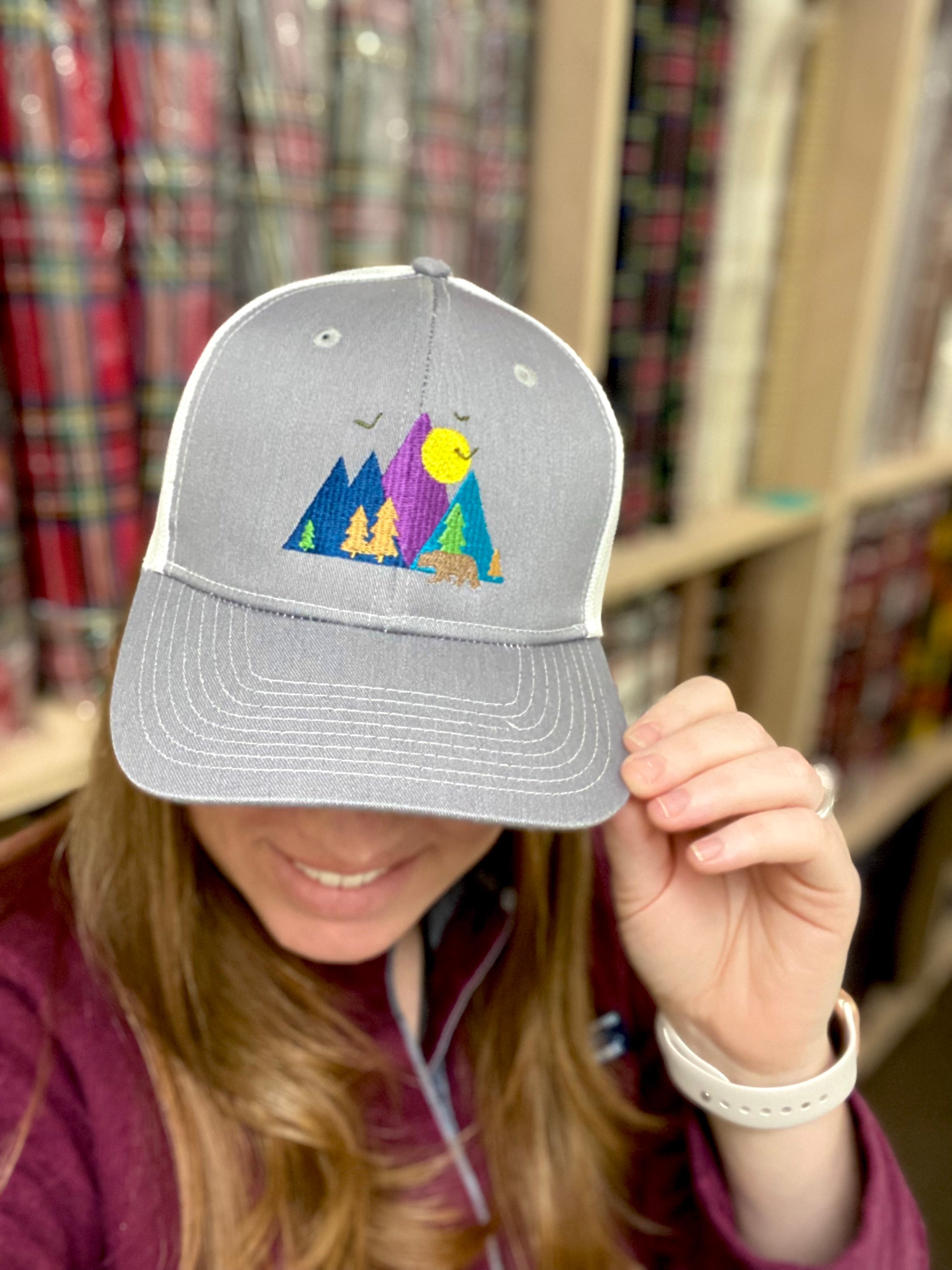 Colorful Mountains Bear Scene Embroidered Hat - Multiple Customizable Options