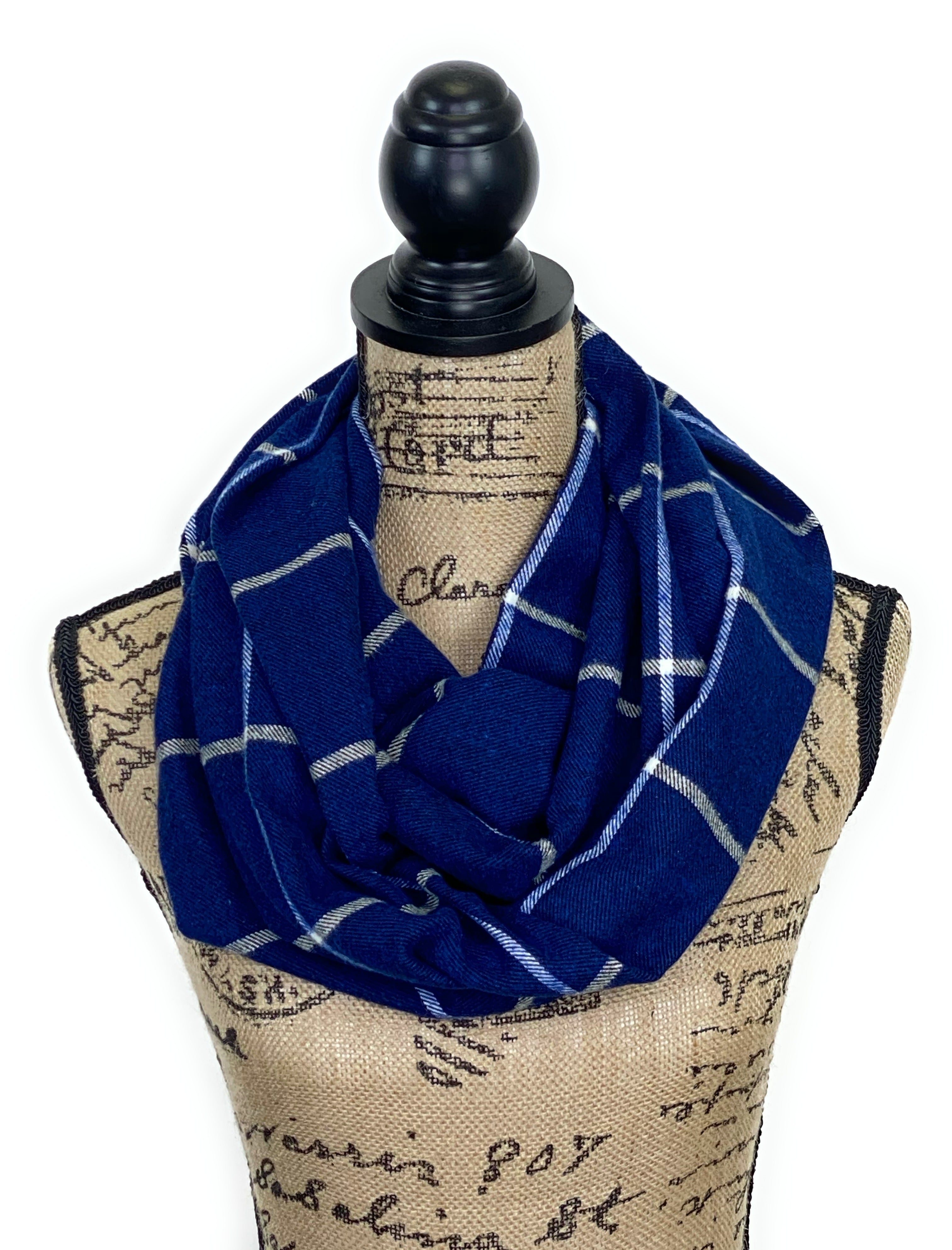 Blue with Black Weave and White Stripe Windowpane Plaid Medium Weight Flannel Scarf