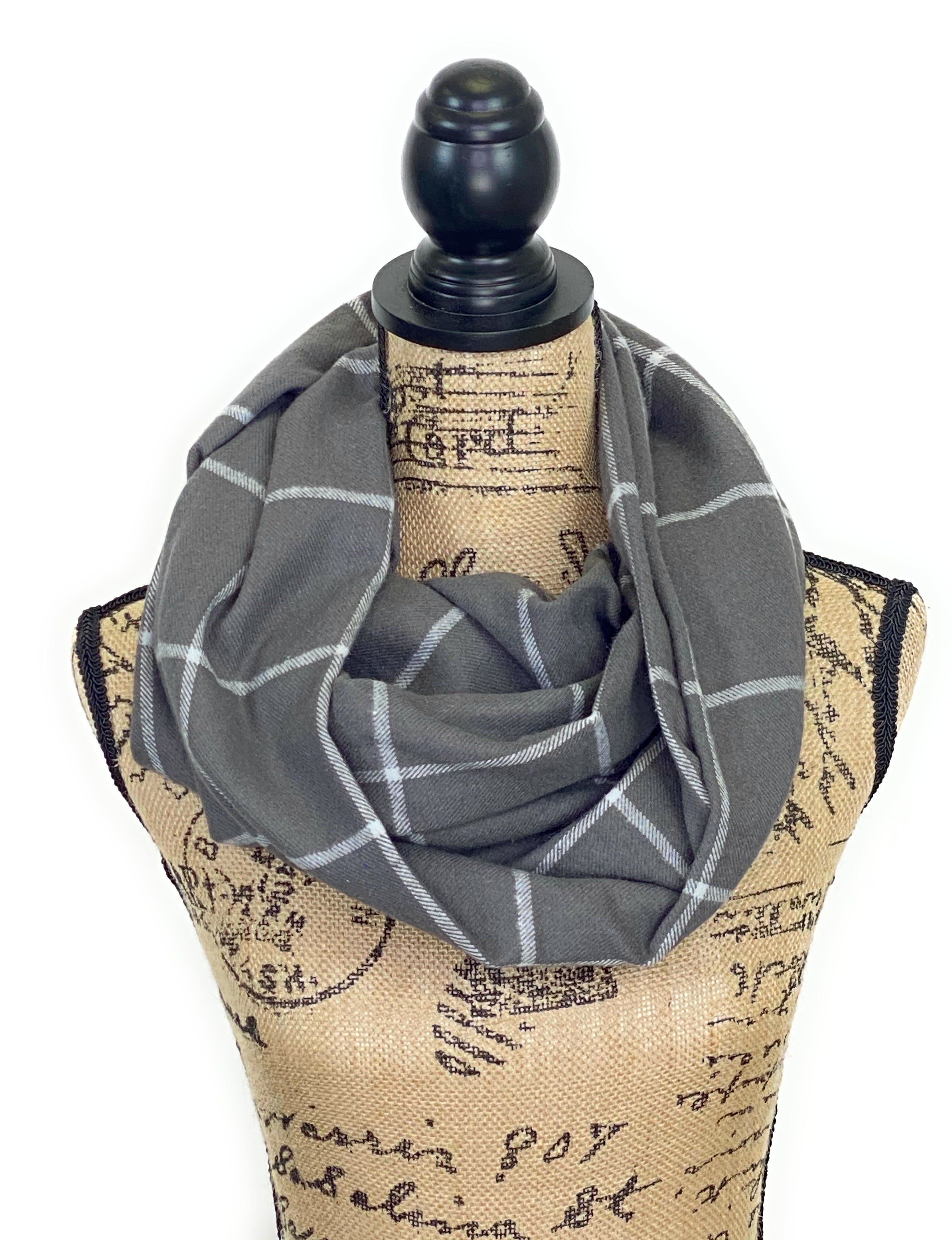 Smokey Gray and White Medium Weight Flannel Windowpane Plaid Scarf